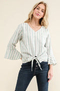 Striped Bell Sleeve Top with Tie Knot Front