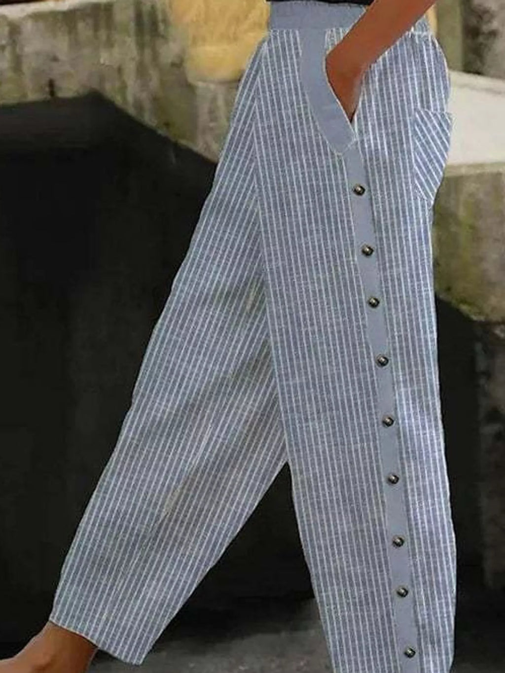 Striped Casual Pants with Side Button Detail
