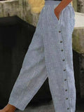 Striped Casual Pants with Side Button Detail
