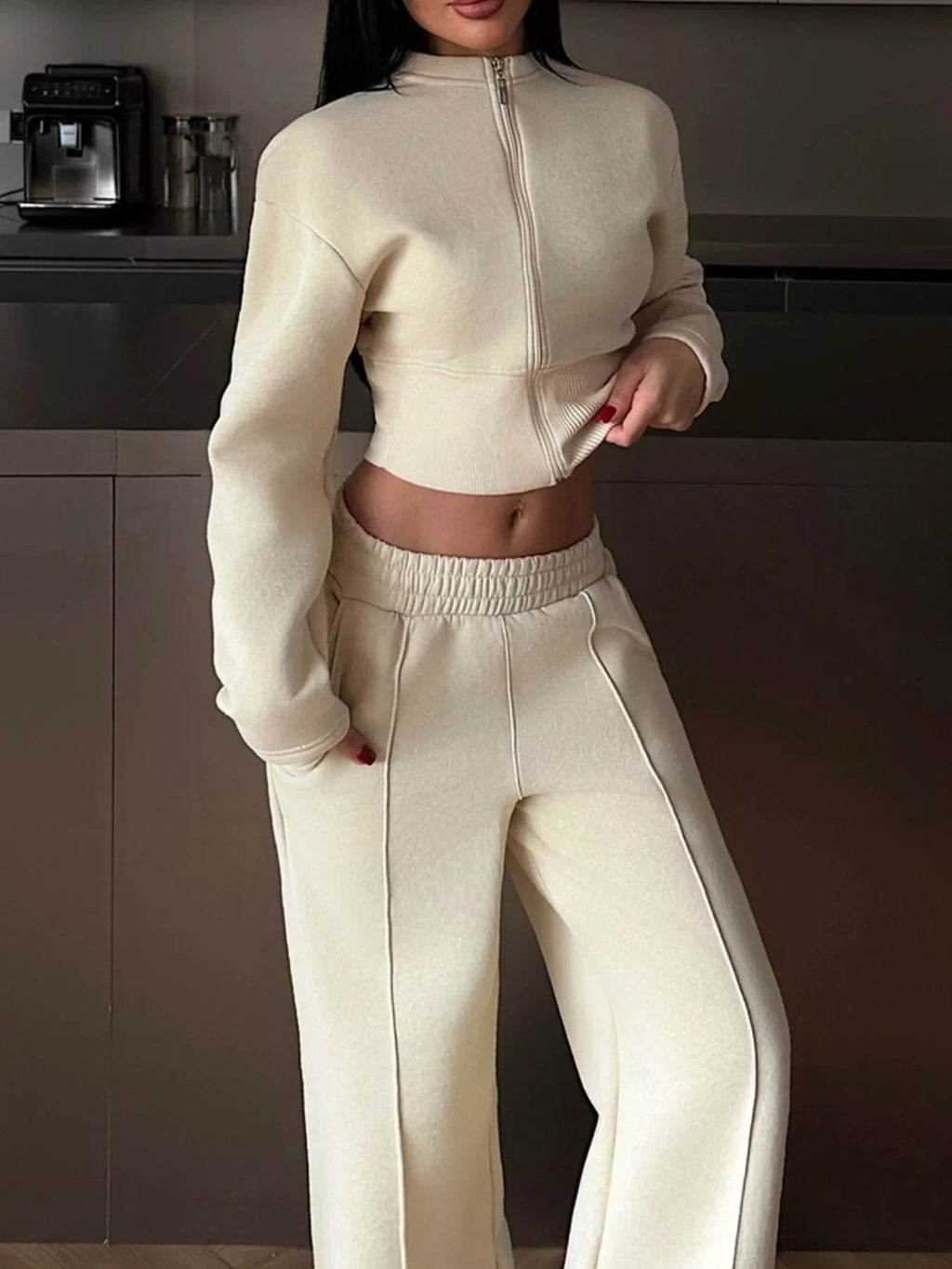 Zip-Up Crop Jacket and Wide-Leg Pants Set