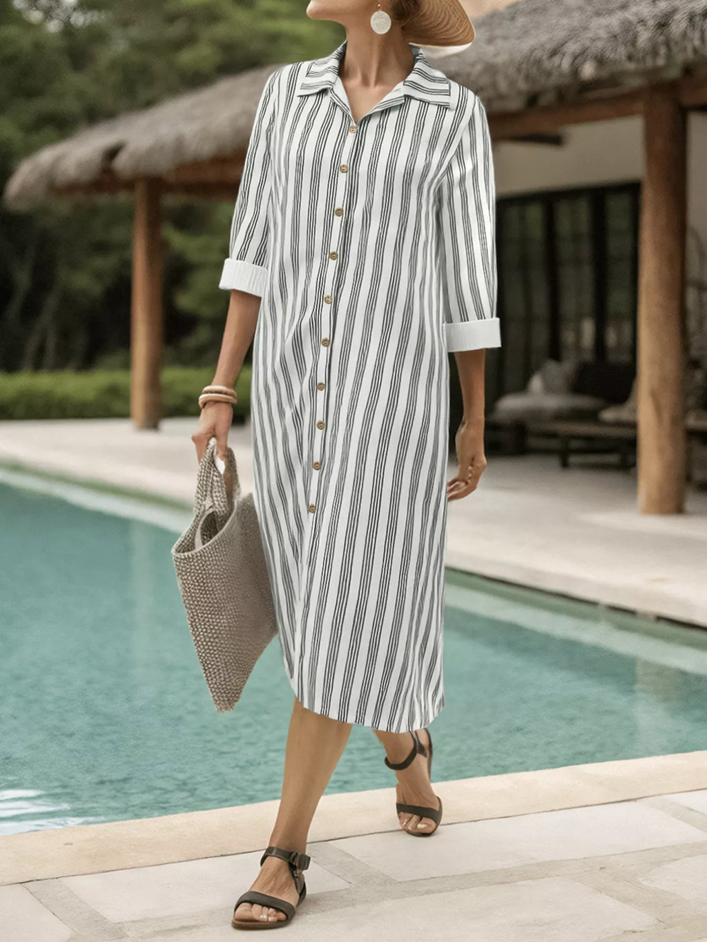 Striped Button Front Midi Dress