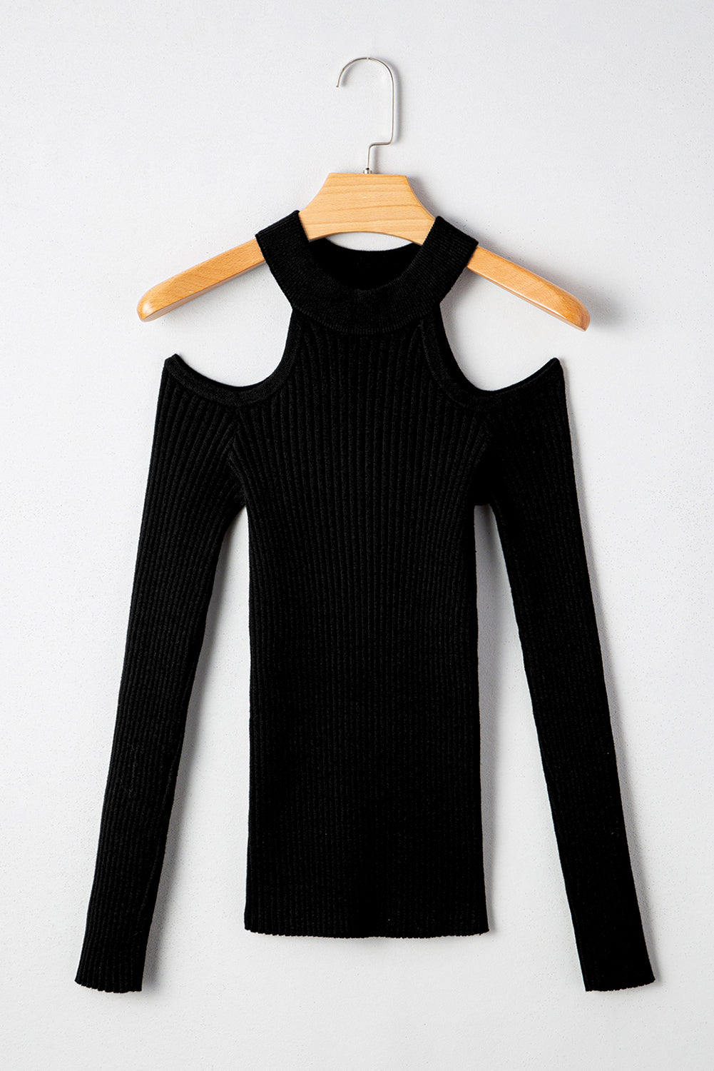 Solid Ribbed Knit Cold Shoulder Choker Neck Top