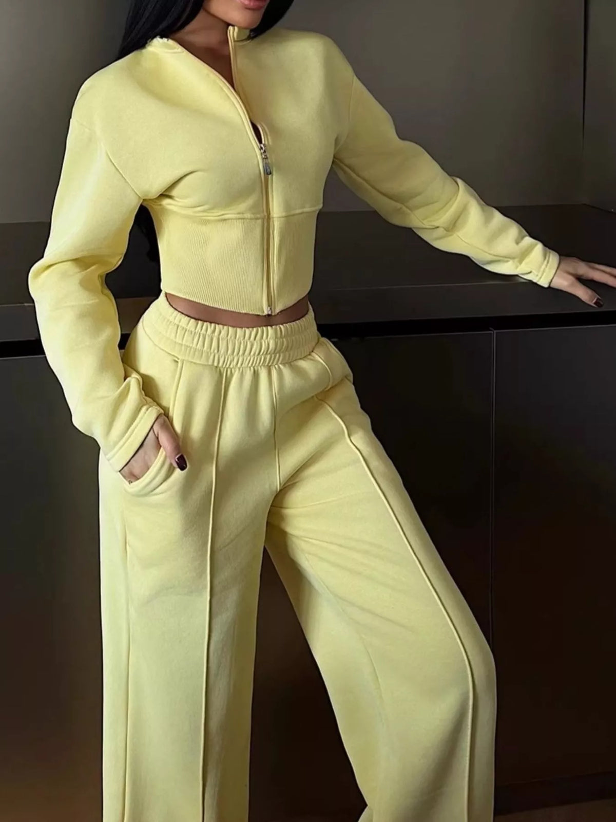 Zip-Up Crop Jacket and Wide-Leg Pants Set