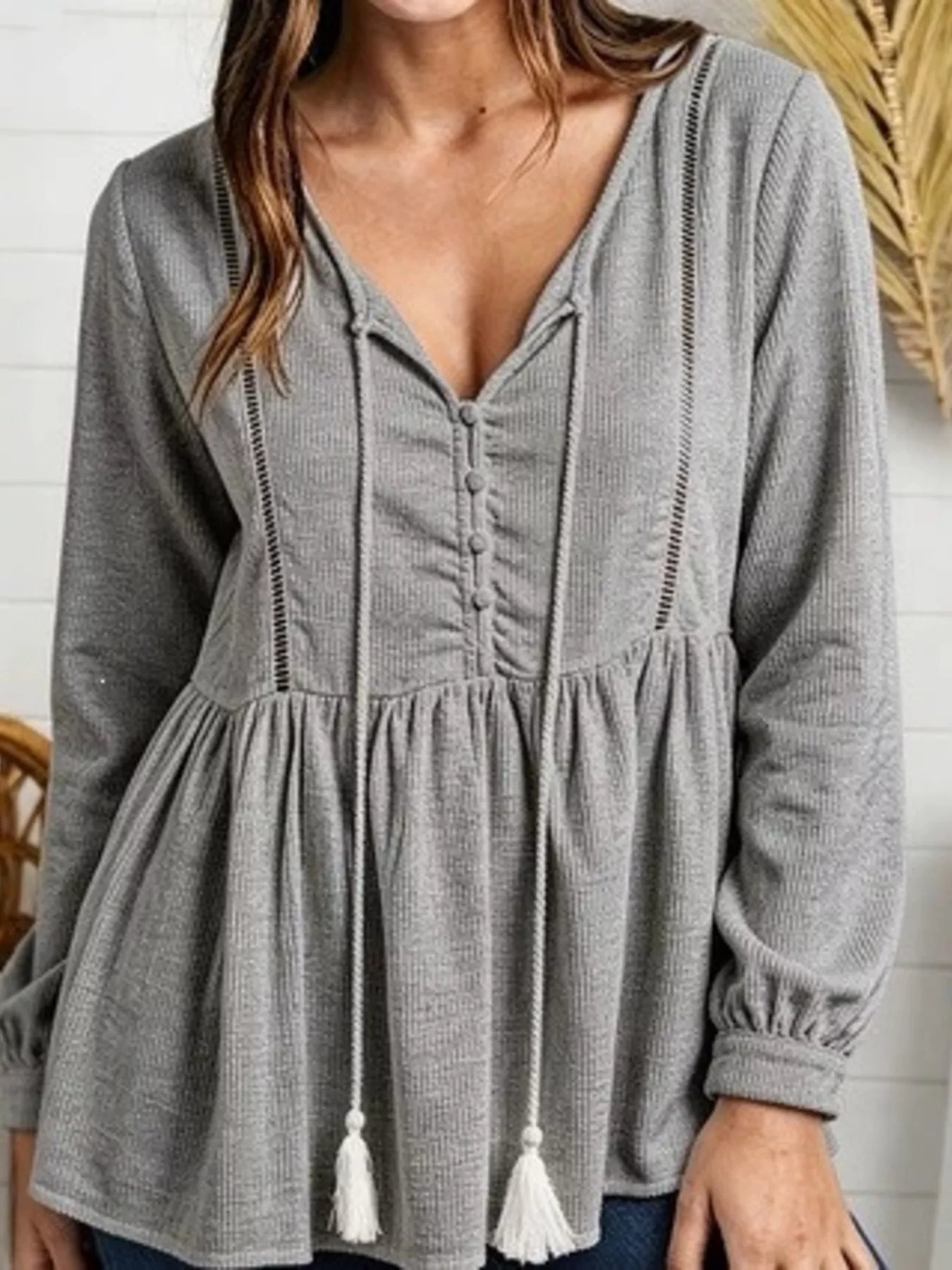 Tassel Drawstring Long Sleeve Peplum Top