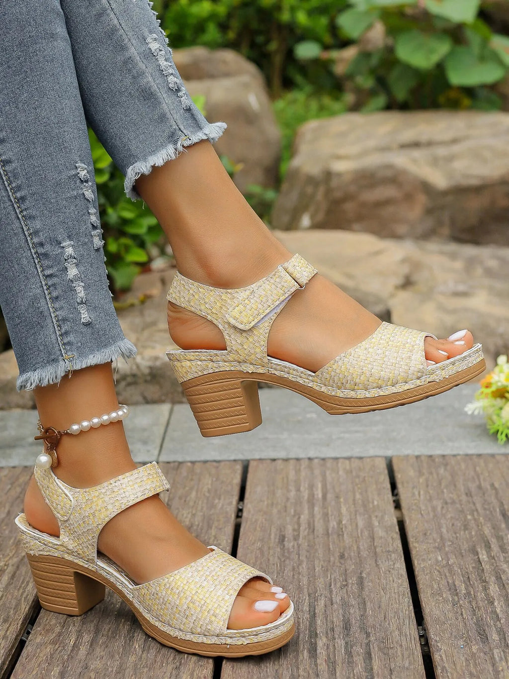 Block Heel Sandals with Ankle Strap