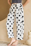 White Polka Dot Print Bow Detail Pocketed Barrel Jeans