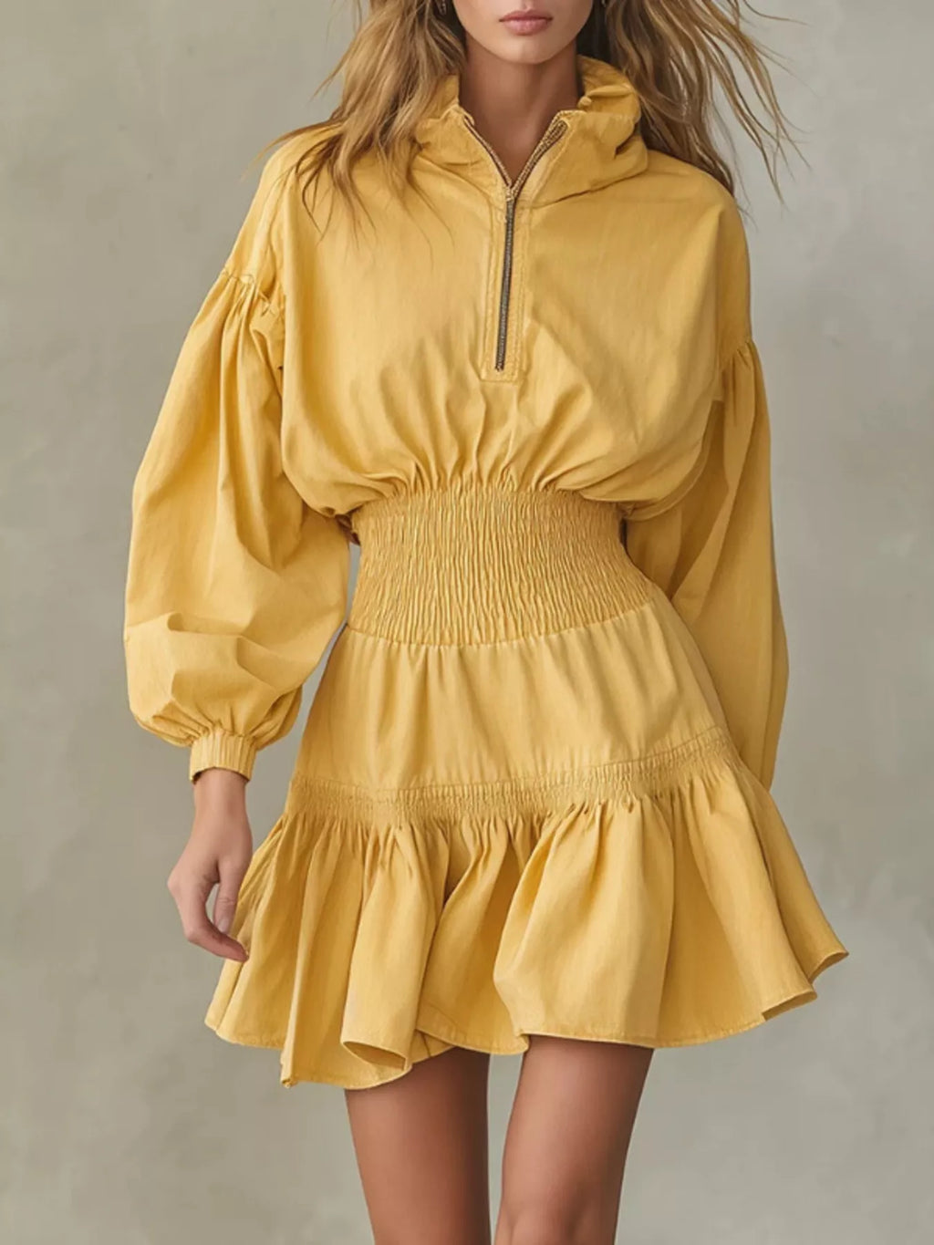 Quarter-Zip Smocked Waist Mini Dress