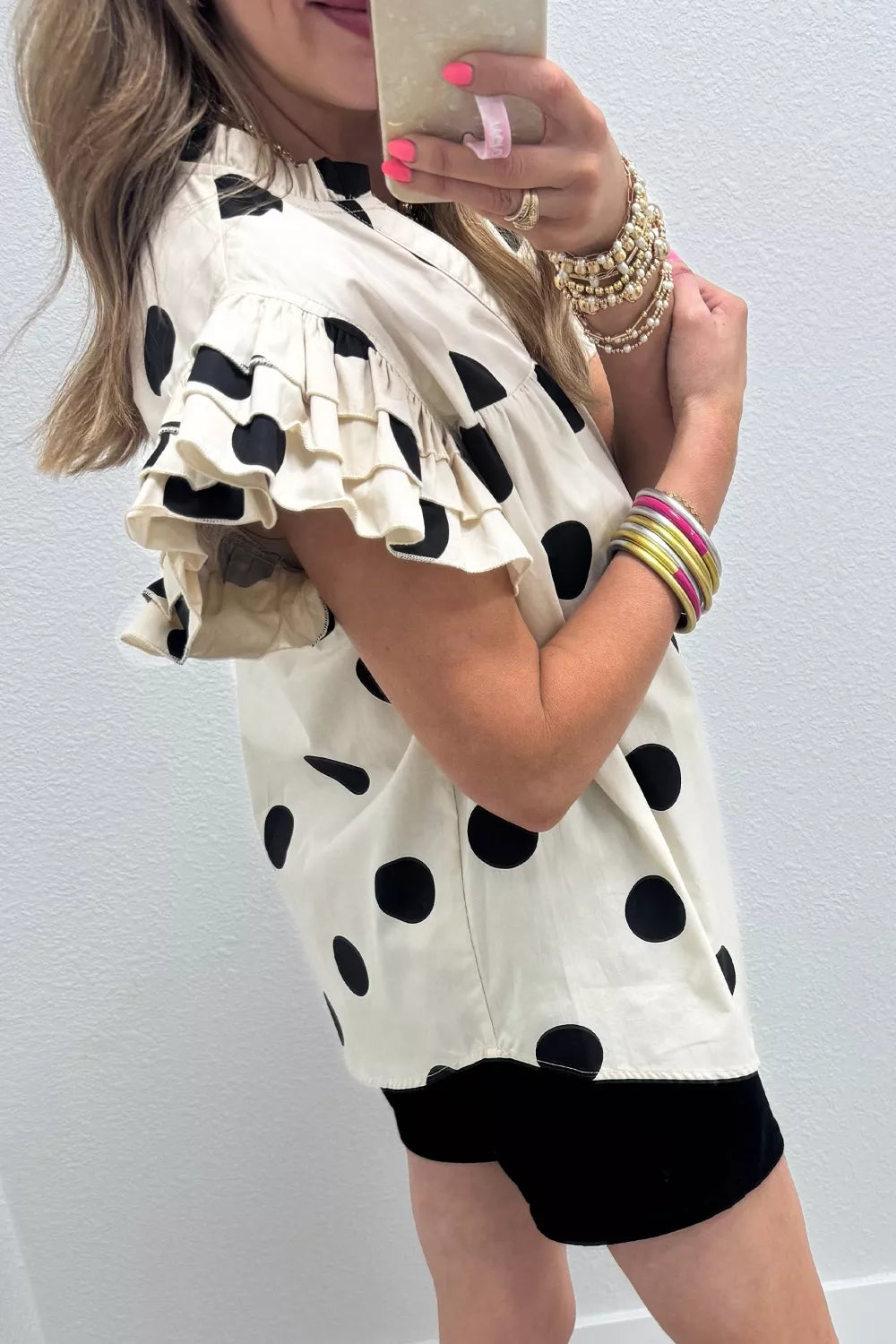 Casual Polka Dot V-Neck Ruffle Short Sleeve Blouse
