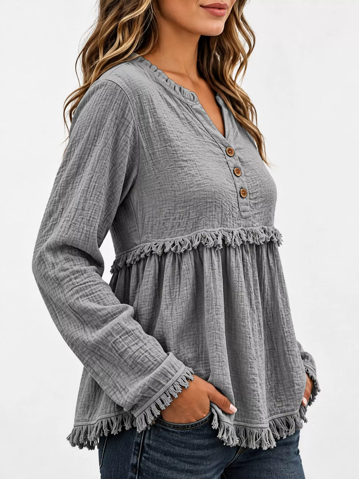 Full Size Frayed Hem Button Detail Blouse Plus Size