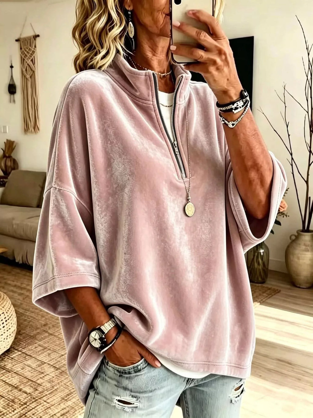 Full Size Velvet Quarter-Zip Sweatshirt Plus Size