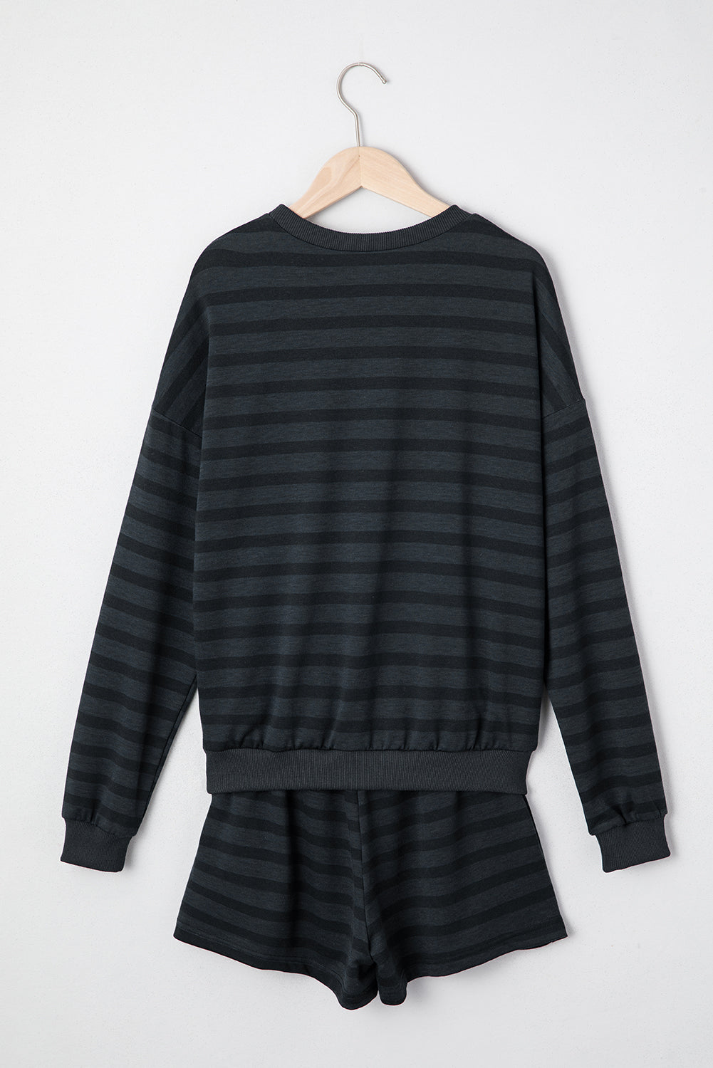 Gray Printed Stripe Long Sleeve Satin Tie Shorts Two Piece Set