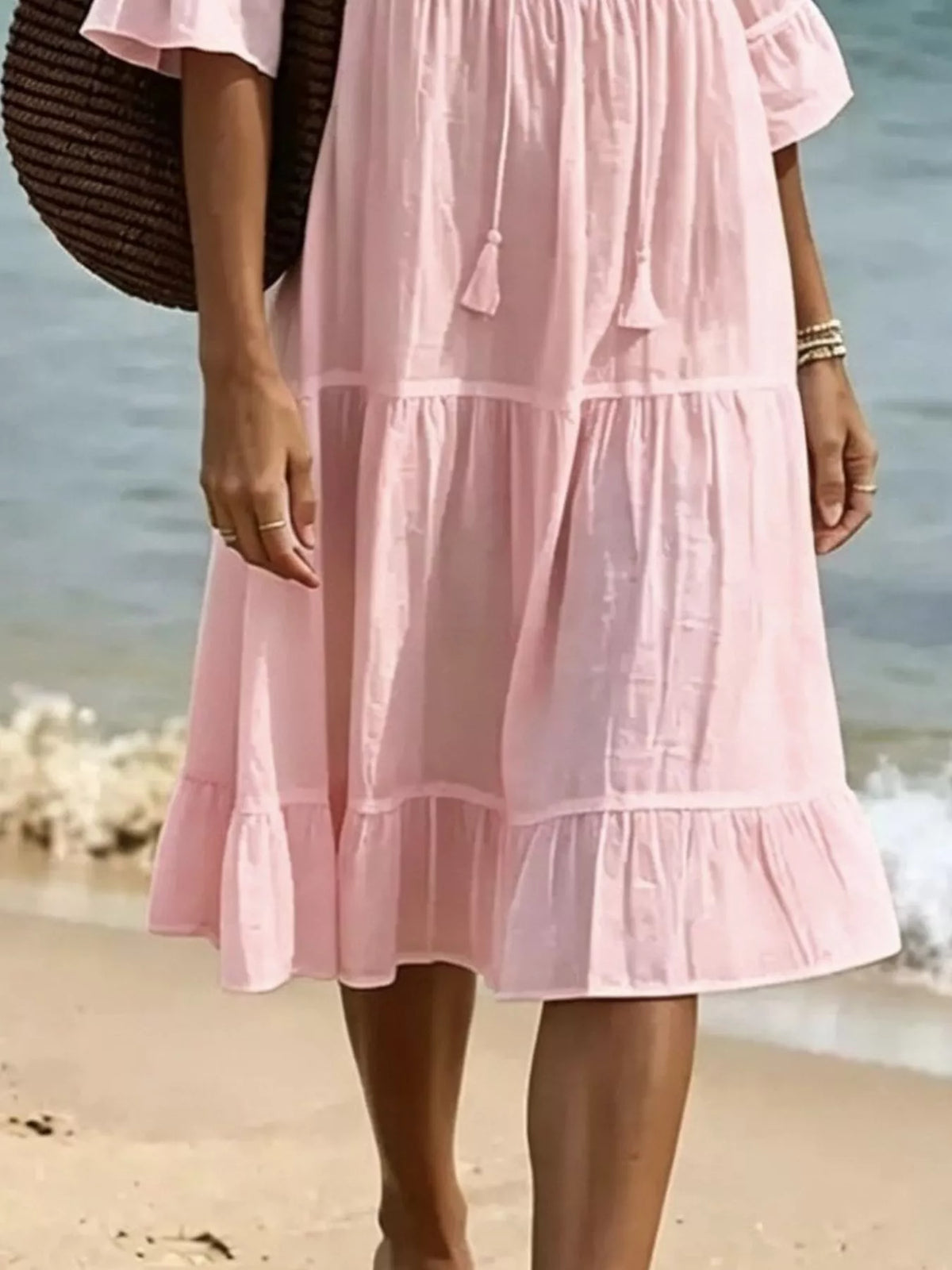 Full Size Tiered Tie Neck Flounce Sleeve Dress Plus Size