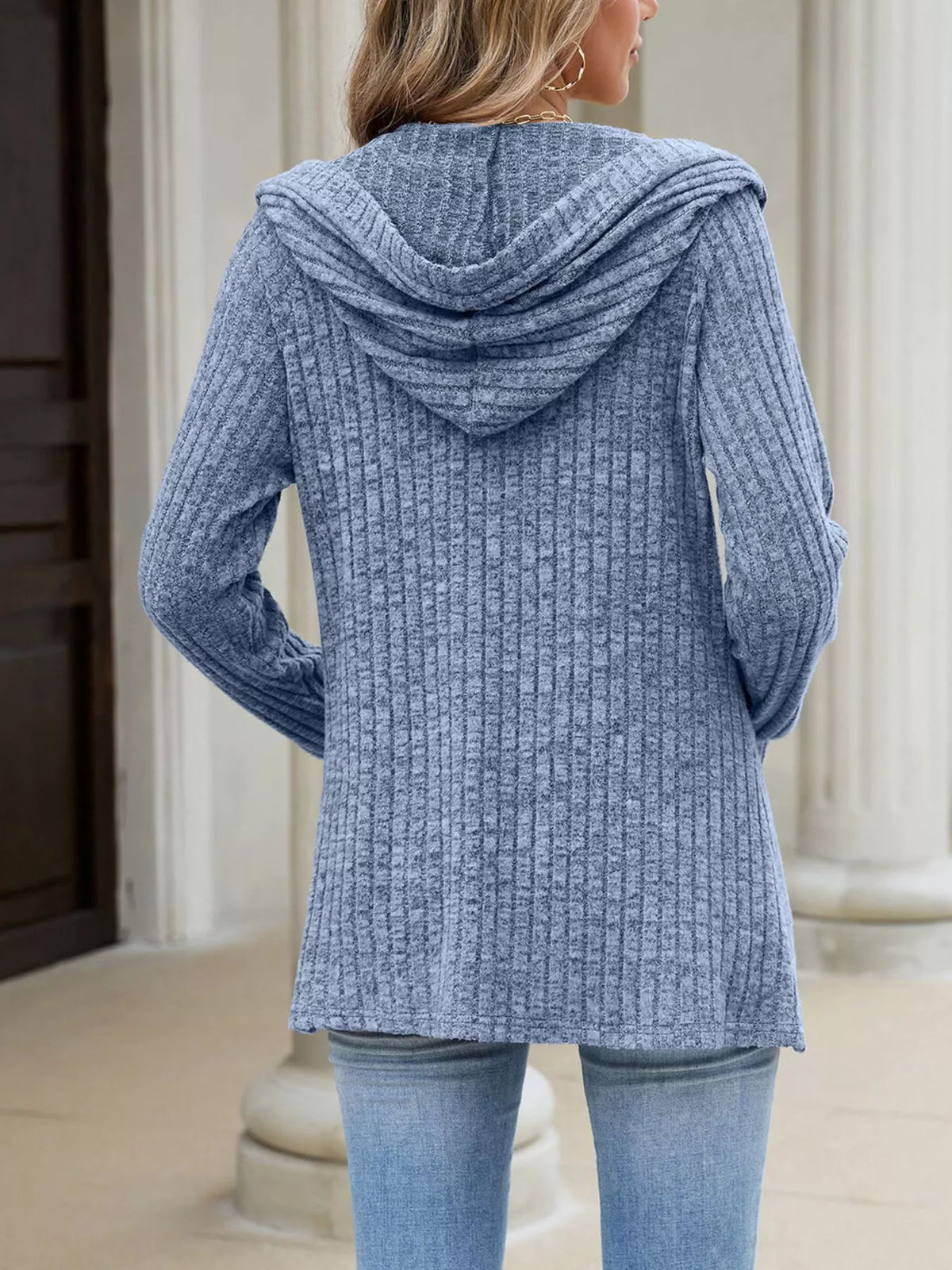 Ribbed Knit Hooded Button-Down Cardigan