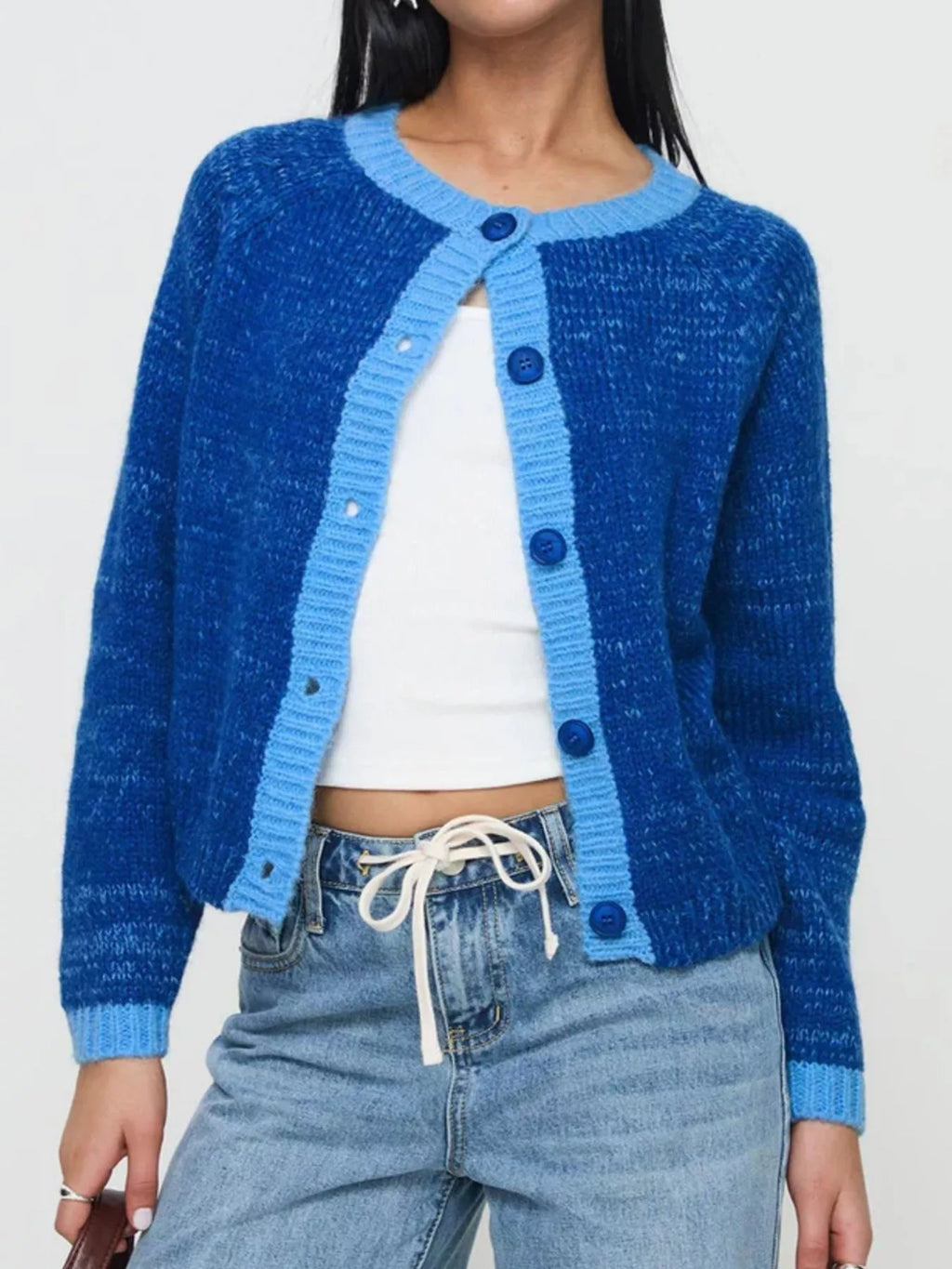 Contrast Trim Button-Up Cardigan