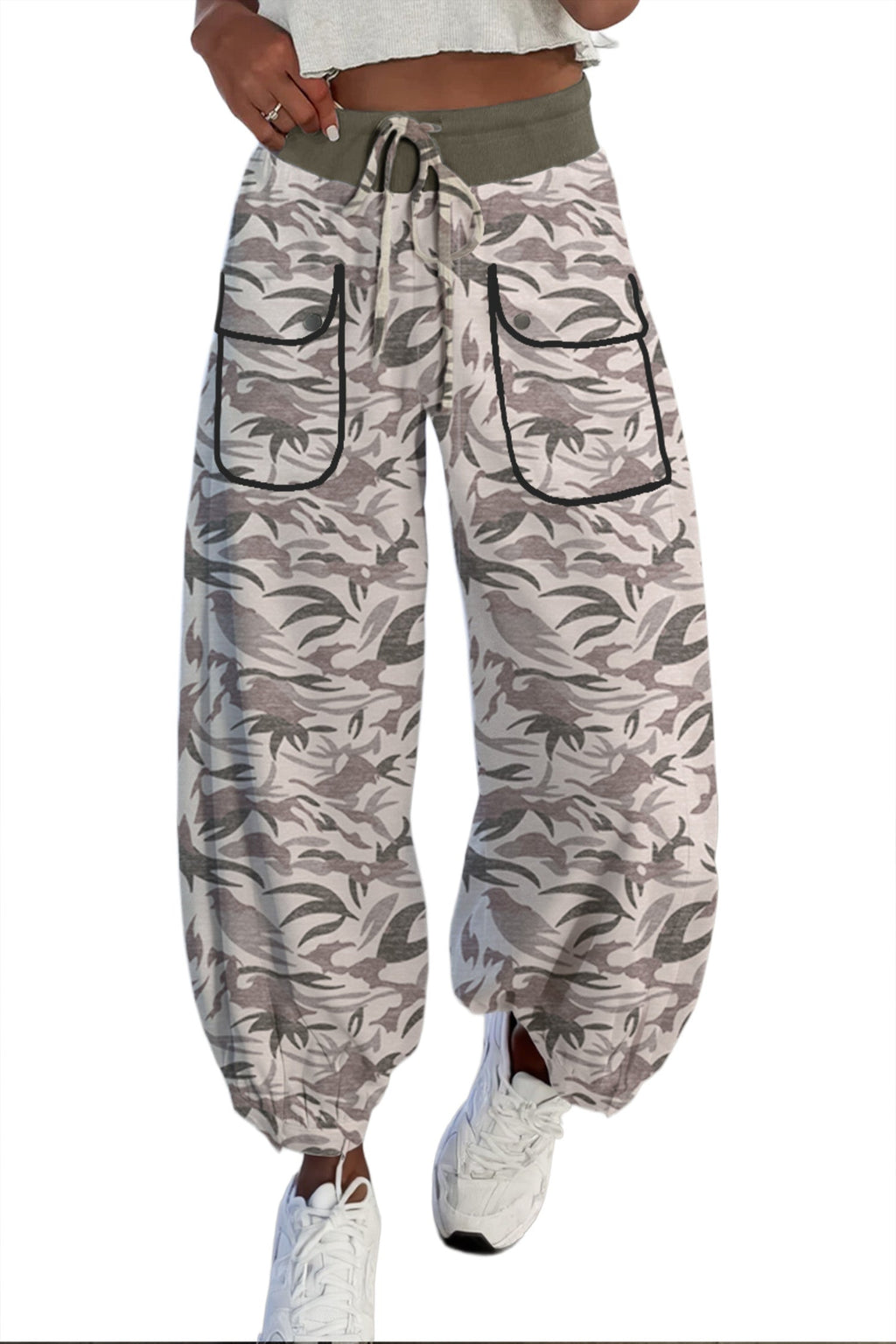 Multicolour Drawstring Contrast Waistband Camouflage Joggers Pants