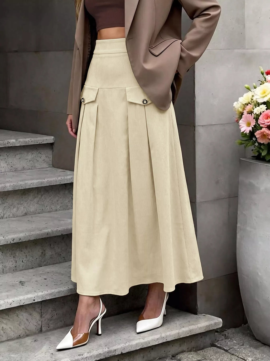 High Waist Pleated Midi Skirt