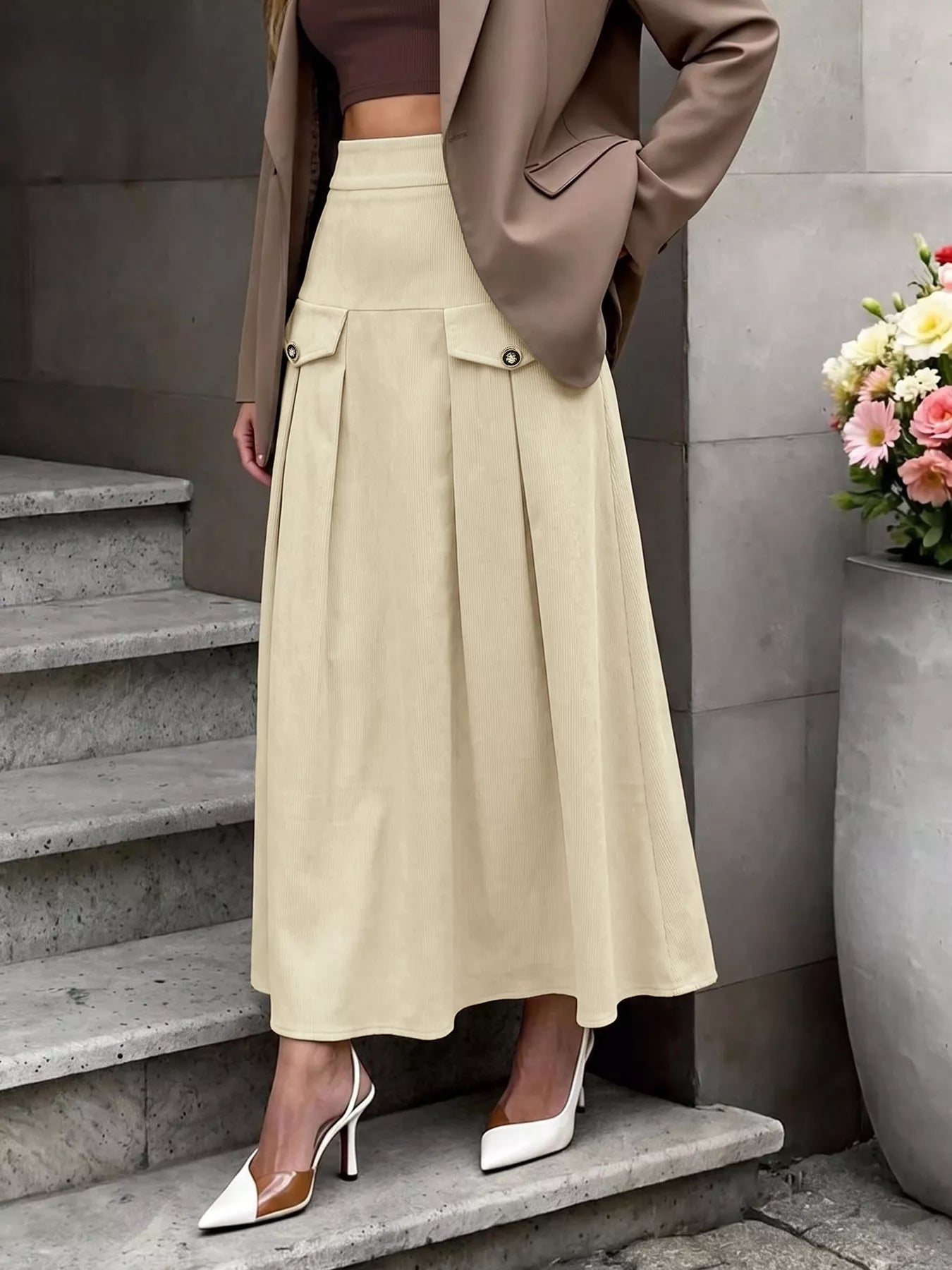 High Waist Pleated Midi Skirt