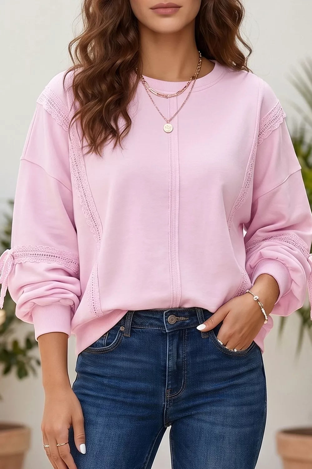 Solid Color Raw Seam Lace Detail Loose Casual Sweatshirt