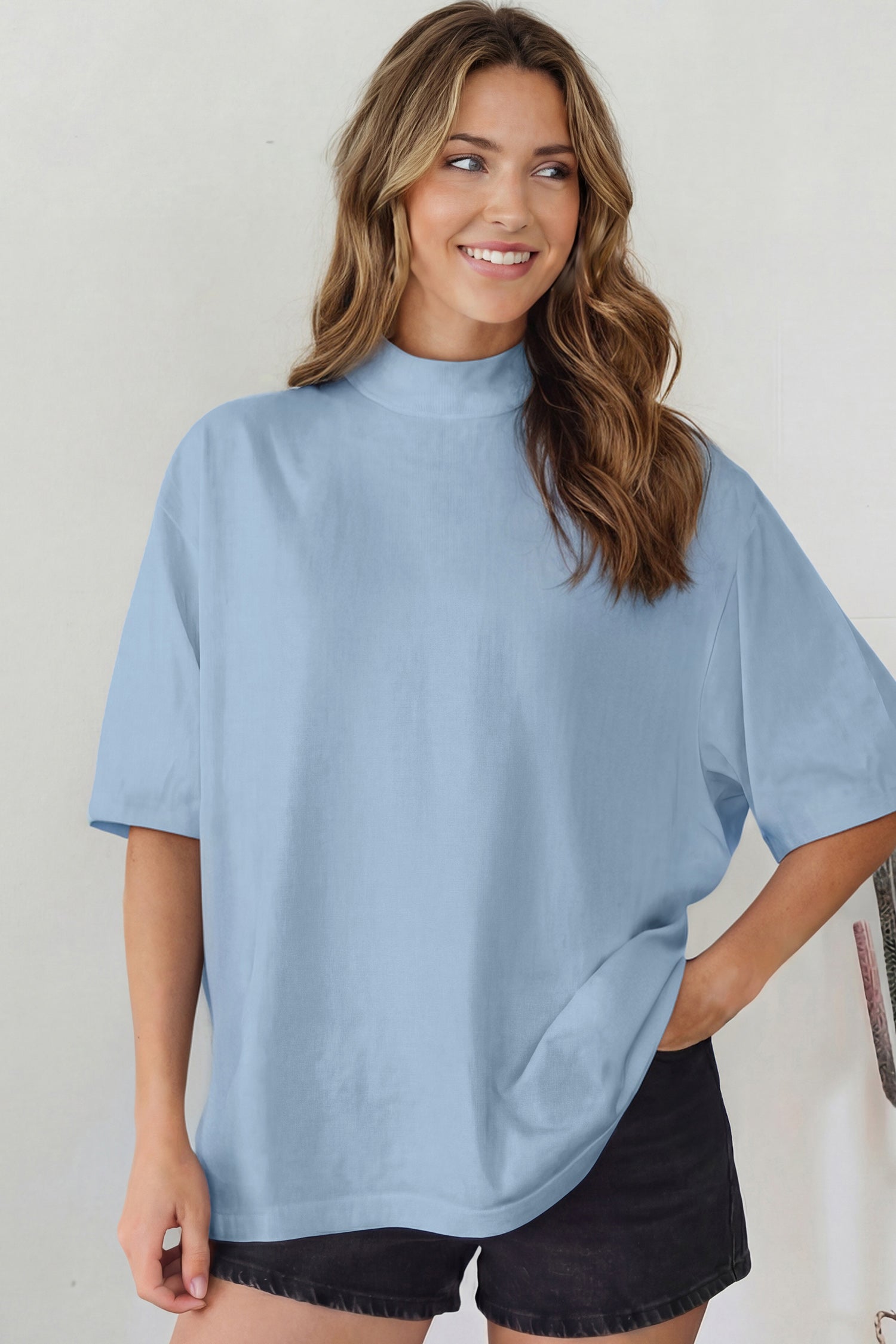 Beau Blue Solid Color High Neck Oversize Tee