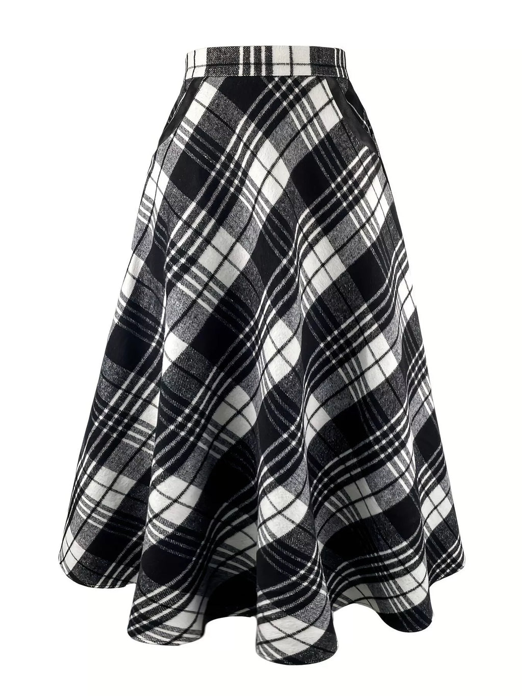 Plaid A-Line Midi Skirt with Pockets