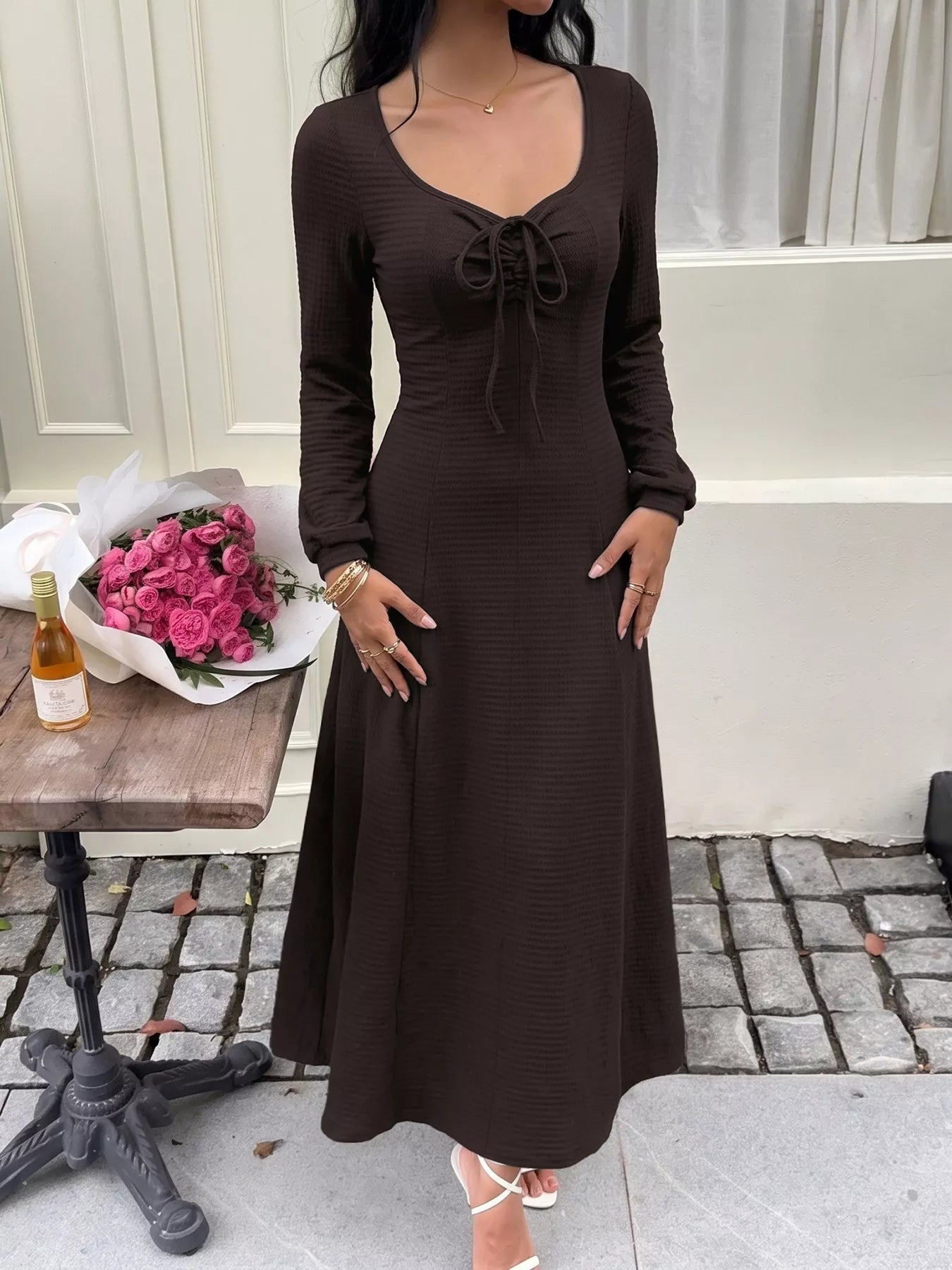 Long Sleeve Tie-Front Maxi Dress