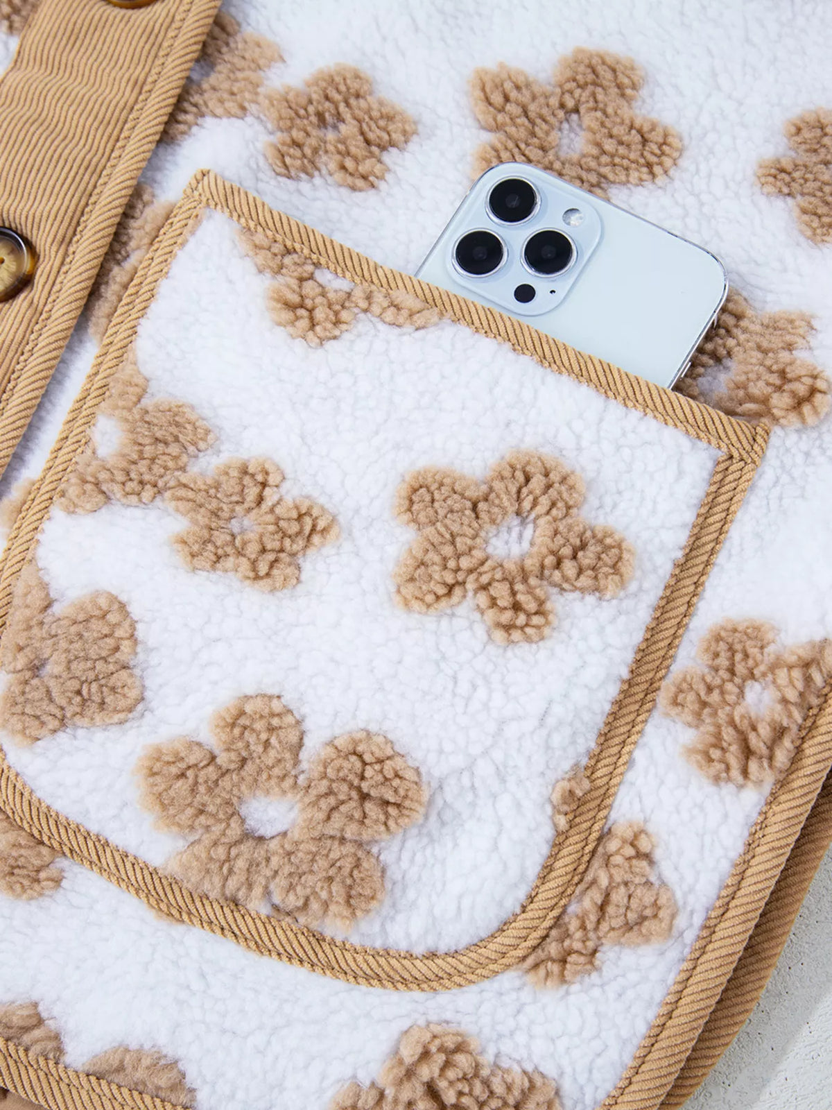 Flower Pattern Button Up Fleece Jacket