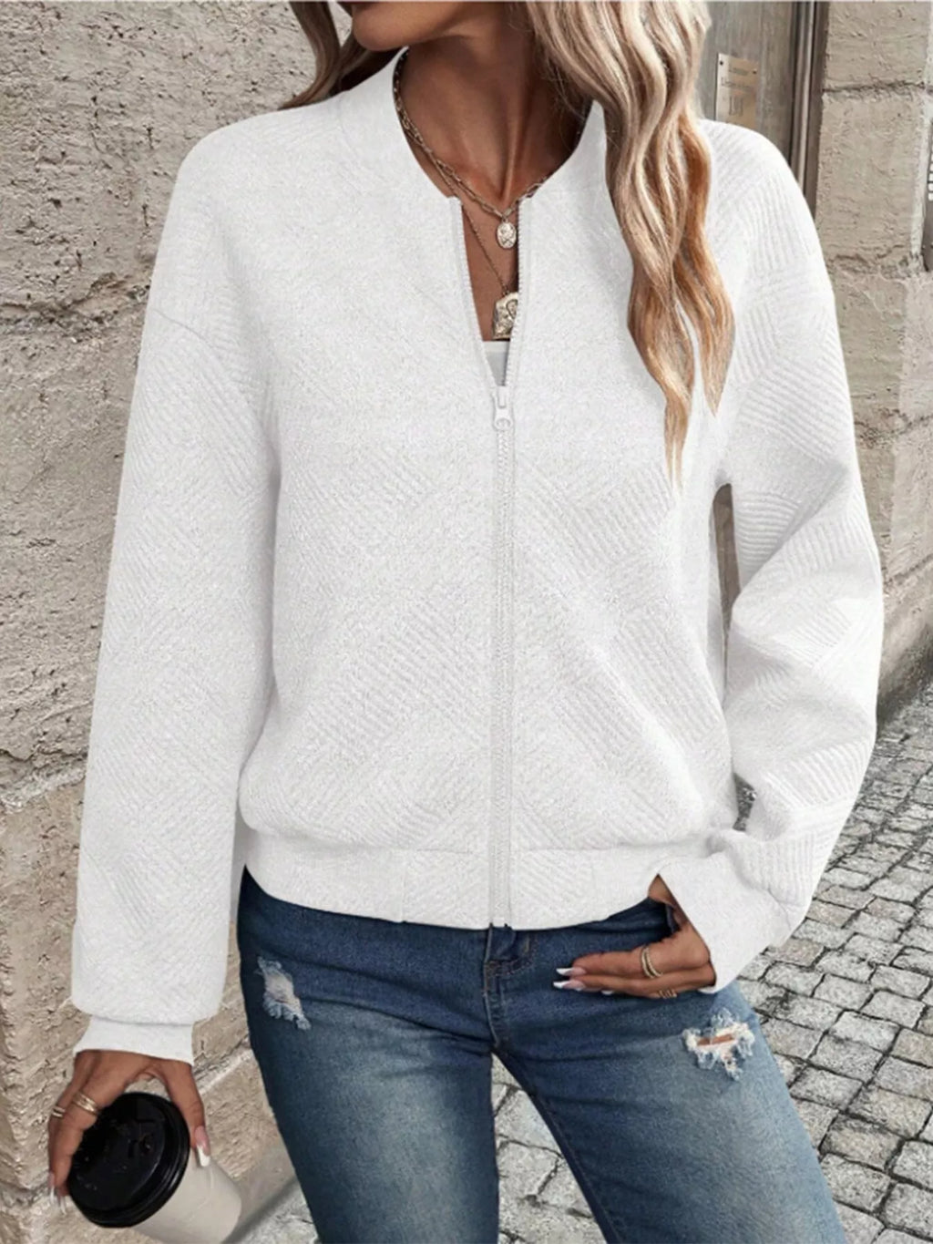 Textured Knit Zip-Up Jacket