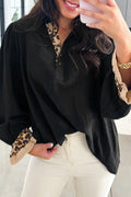Black Contrast Leopard Print Patchwork Polo Collar Buttons Front Ruffled Long Sleeve Blouse