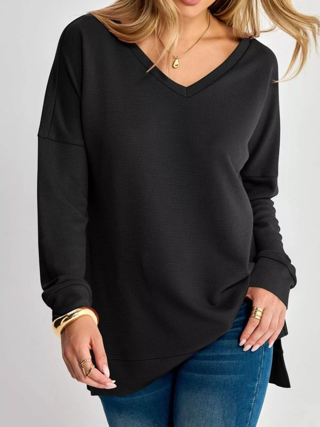Side Slit Waffle Knit V-Neck T-Shirt