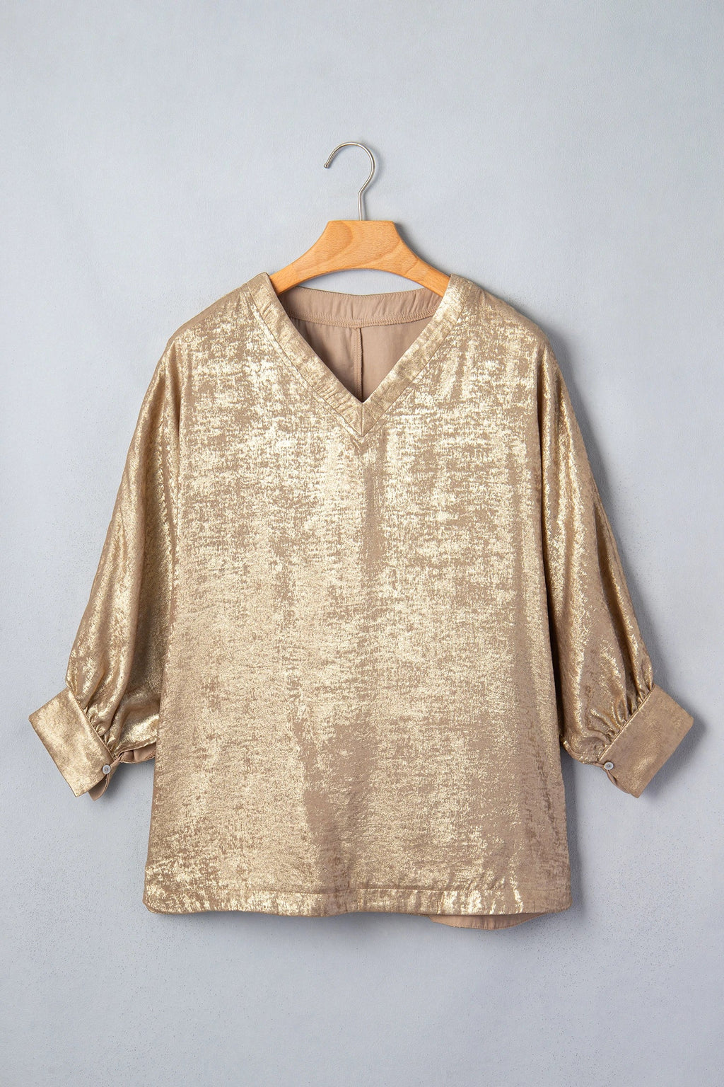 Metallic V-Neck Button Cuff Dolman Sleeve Blouse