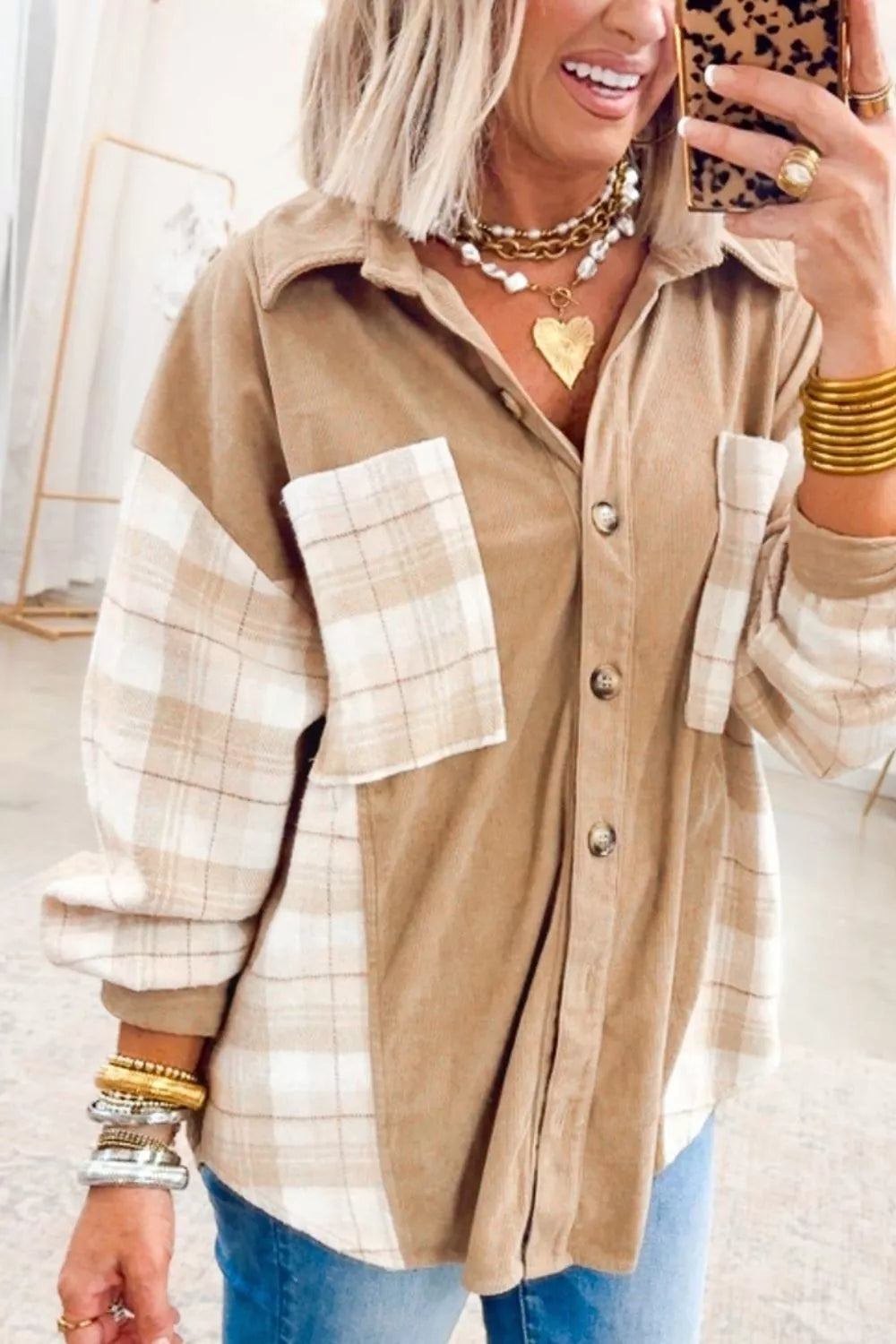 Plaid Colorblock Shirt Collar Shift Shacket