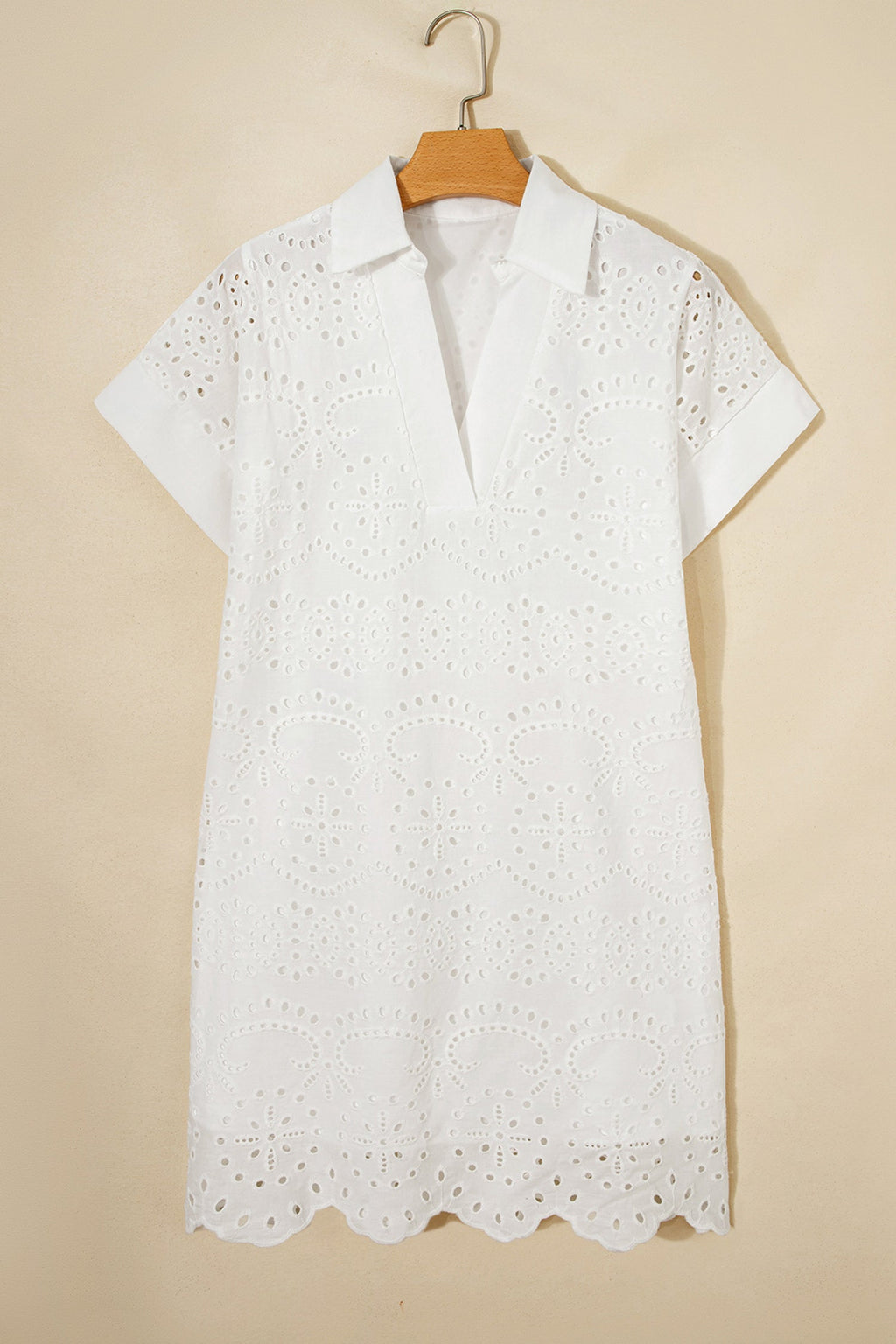 White Solid Color Eyelet Embroidered T Shirt Mini Dress