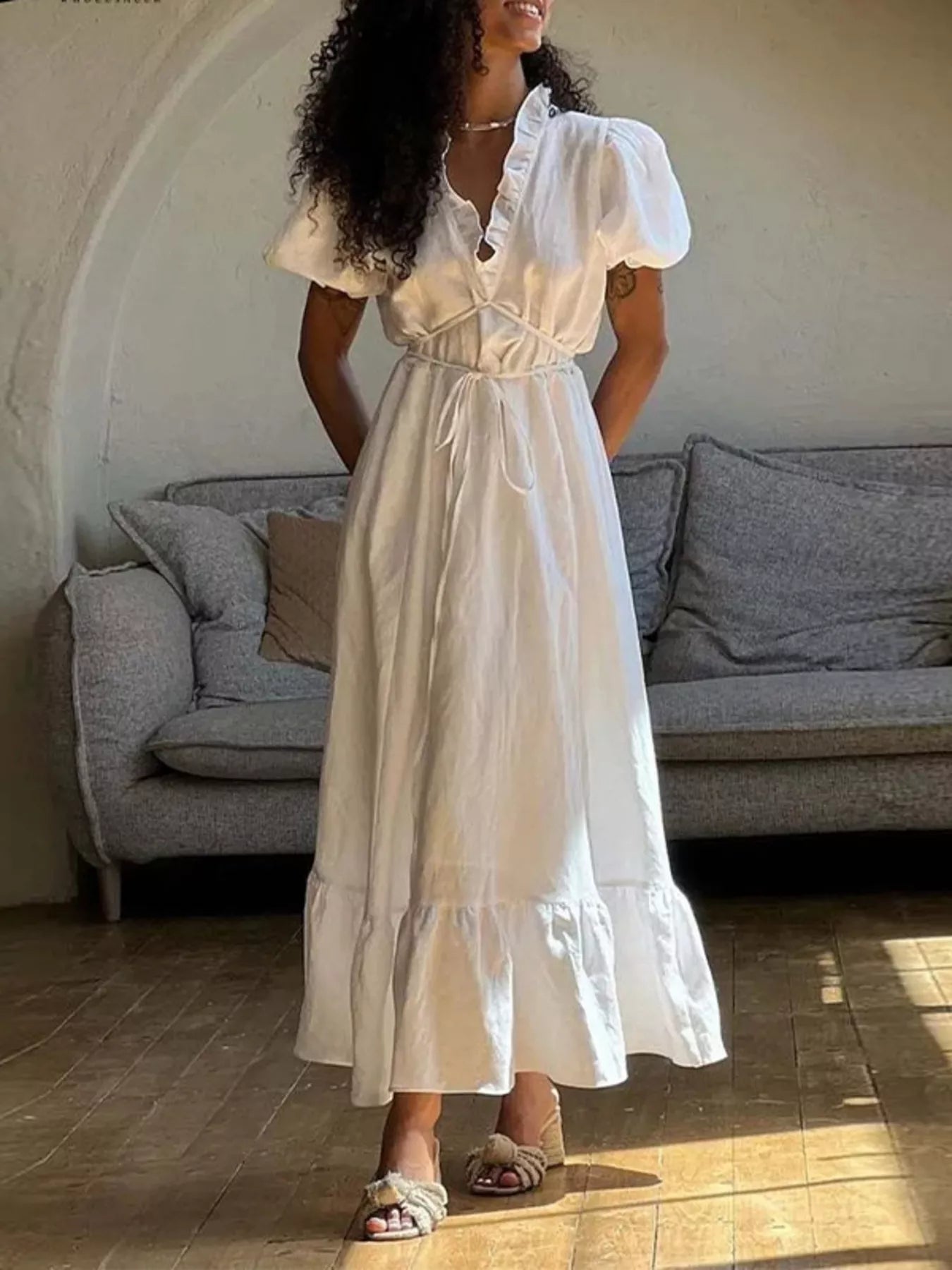 Full Size Puff Sleeve Ruffle Trim Maxi Dress Plus Size