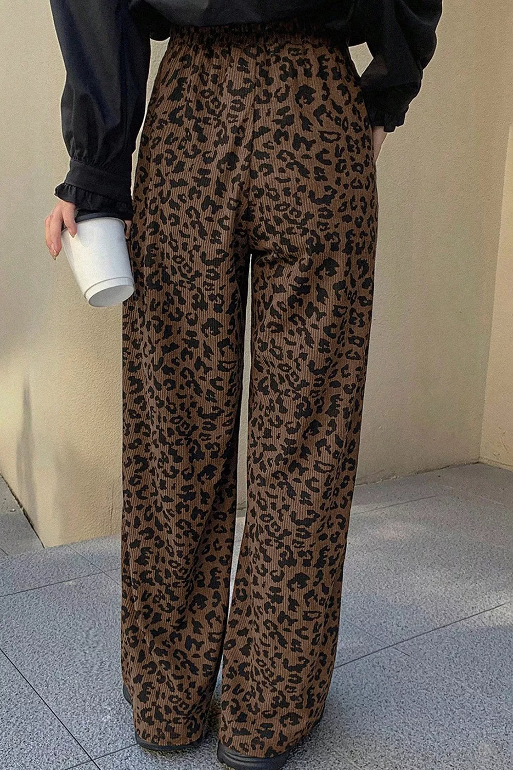 Leopard Print Elastic High Waist Loose Corduroy Pants