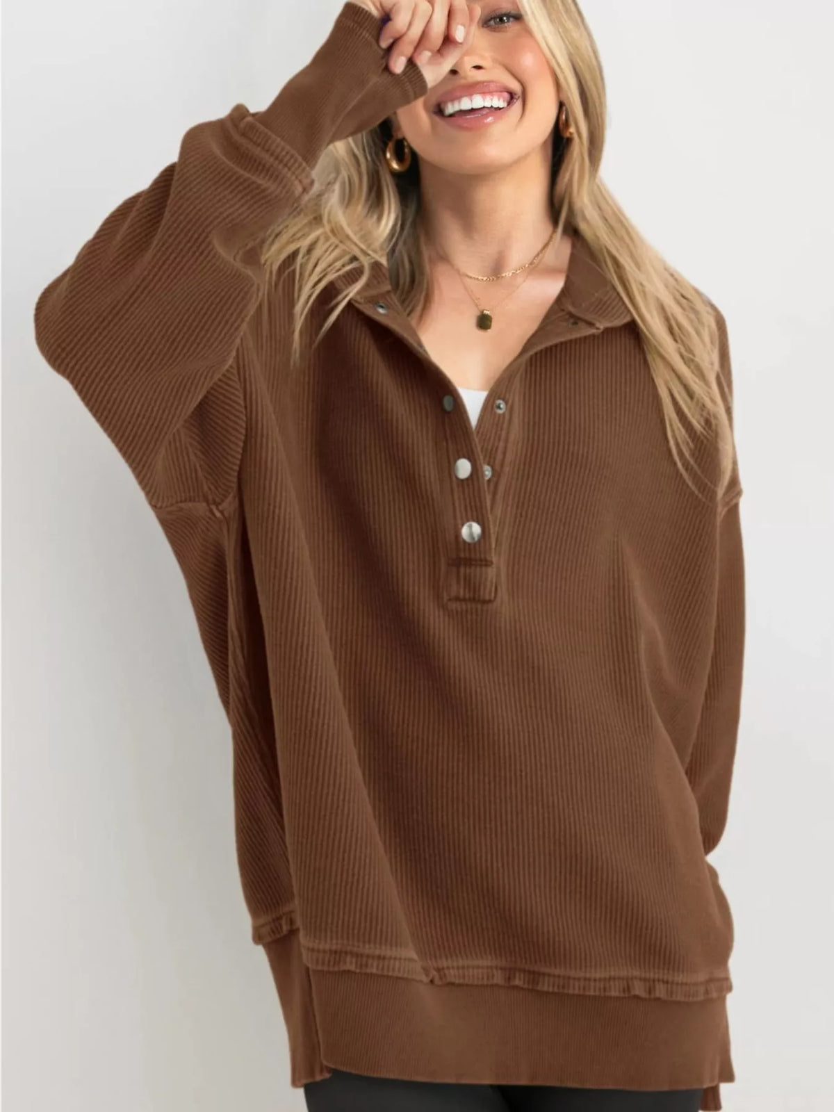 Full Size Snap Button Placket Dropped Shoulder Hoodie Plus Size