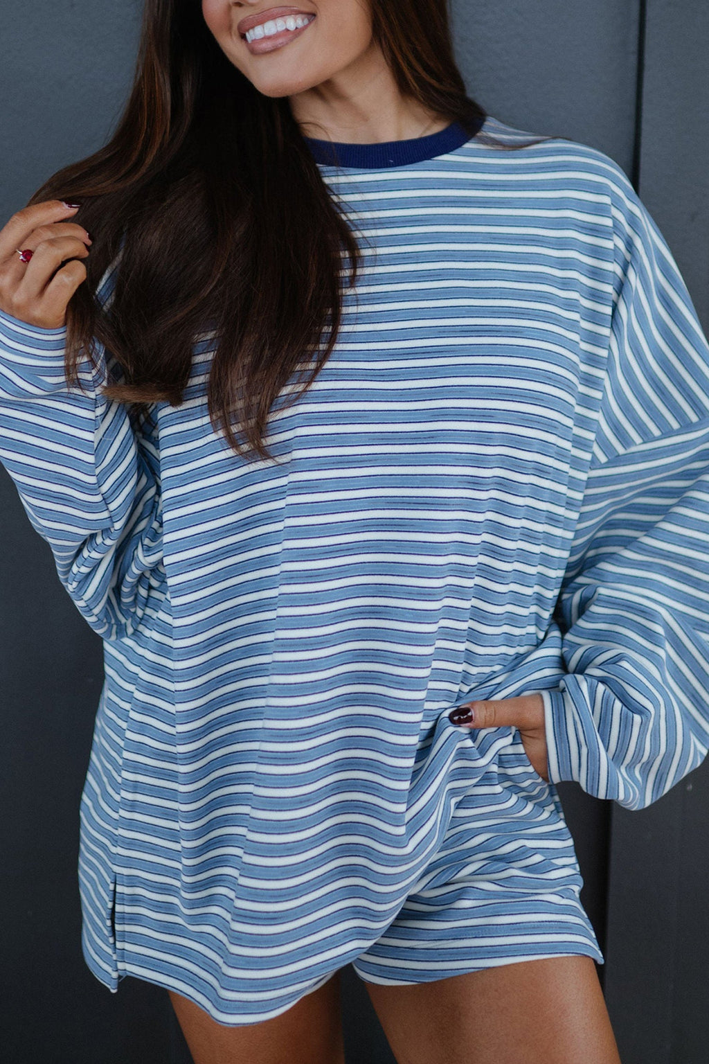 Sky Blue Stripe Long Sleeve Oversized Top Pocketed Casual Shorts Two Piece Set