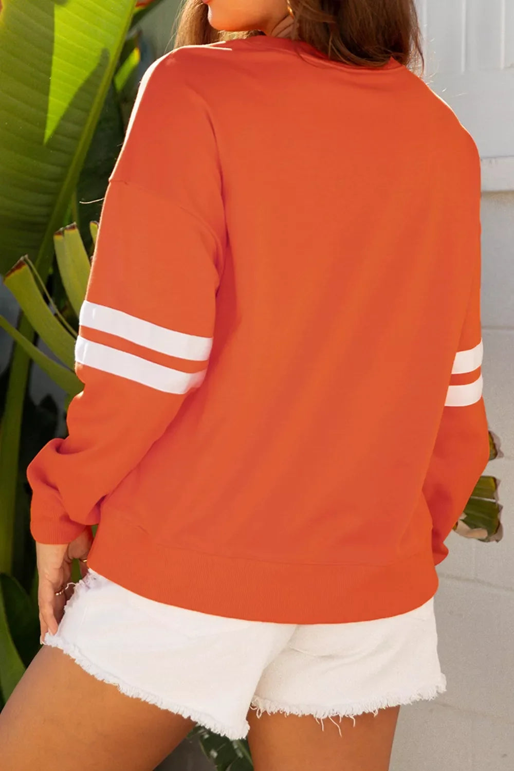 Spooky Season Ghost Graphic Varsity Striped Sleeve Halloween Pullover Sweatshirt