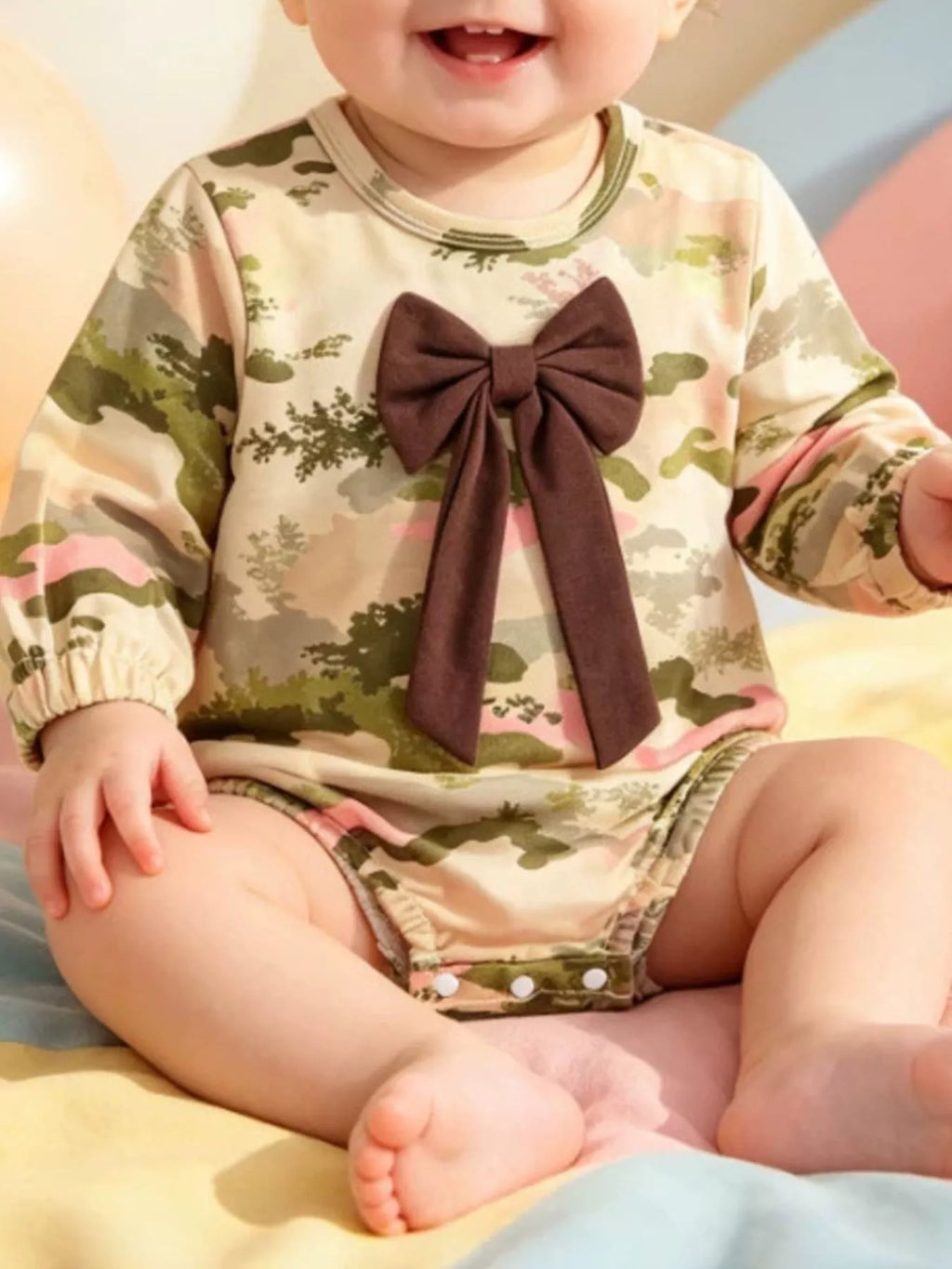 Children's Camouflage Print Long Sleeve One-Piece with Bow