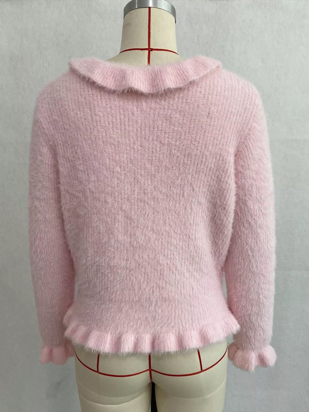 Soft Fuzzy Cardigan with Ruffled Collar and Pearl Buttons