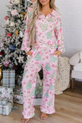 Christmas Print Button Front Long Sleeve Lounge Set