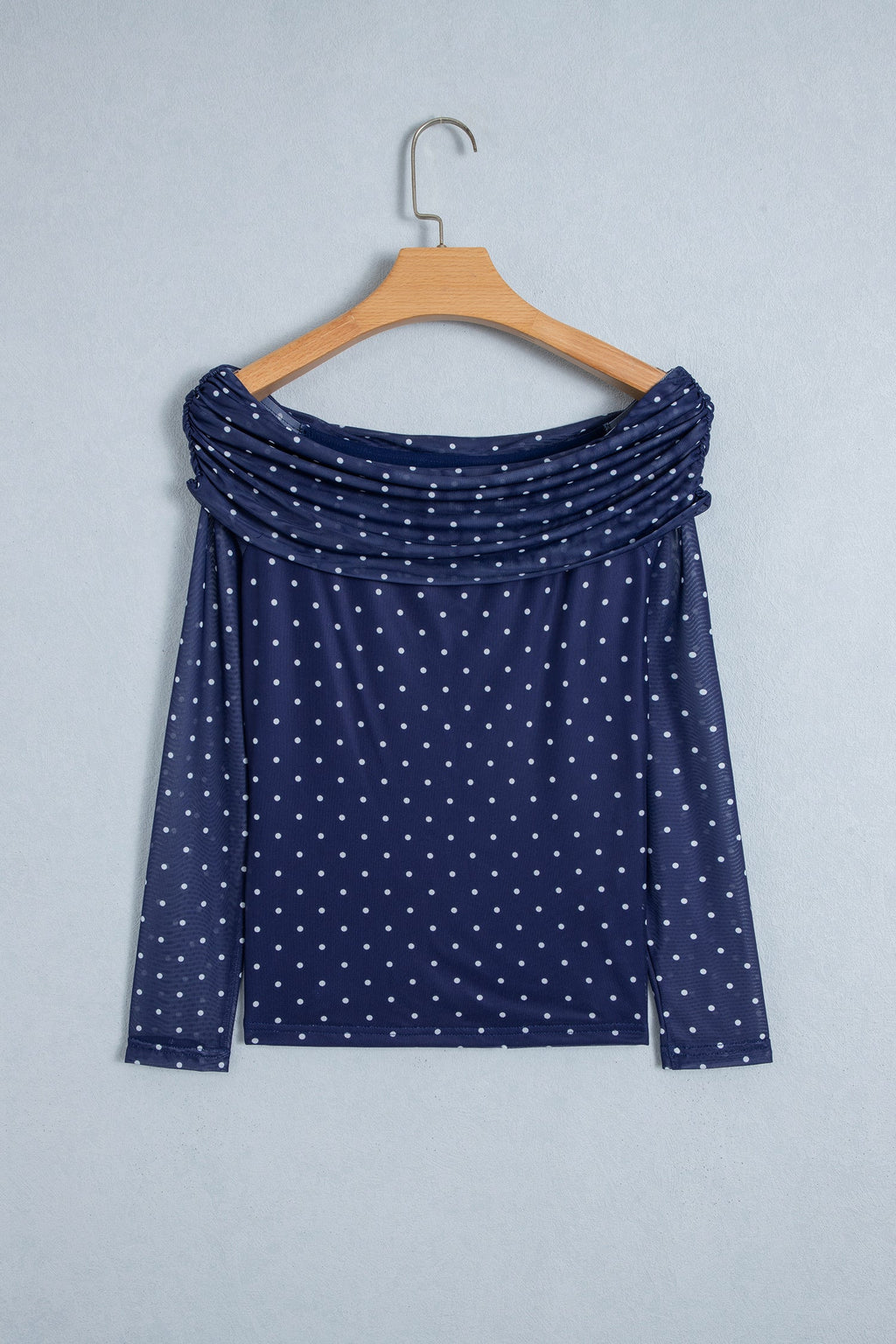 Blue Off Shoulder Polka Dot Mesh Long Sleeve Sheath Top