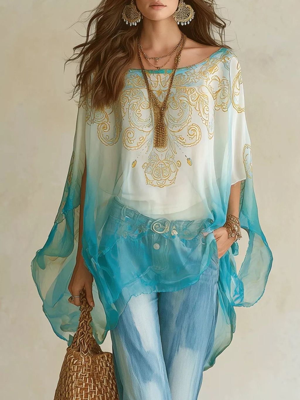 Full Size Gradient Flowy Batwing Sleeve Blouse Plus Size