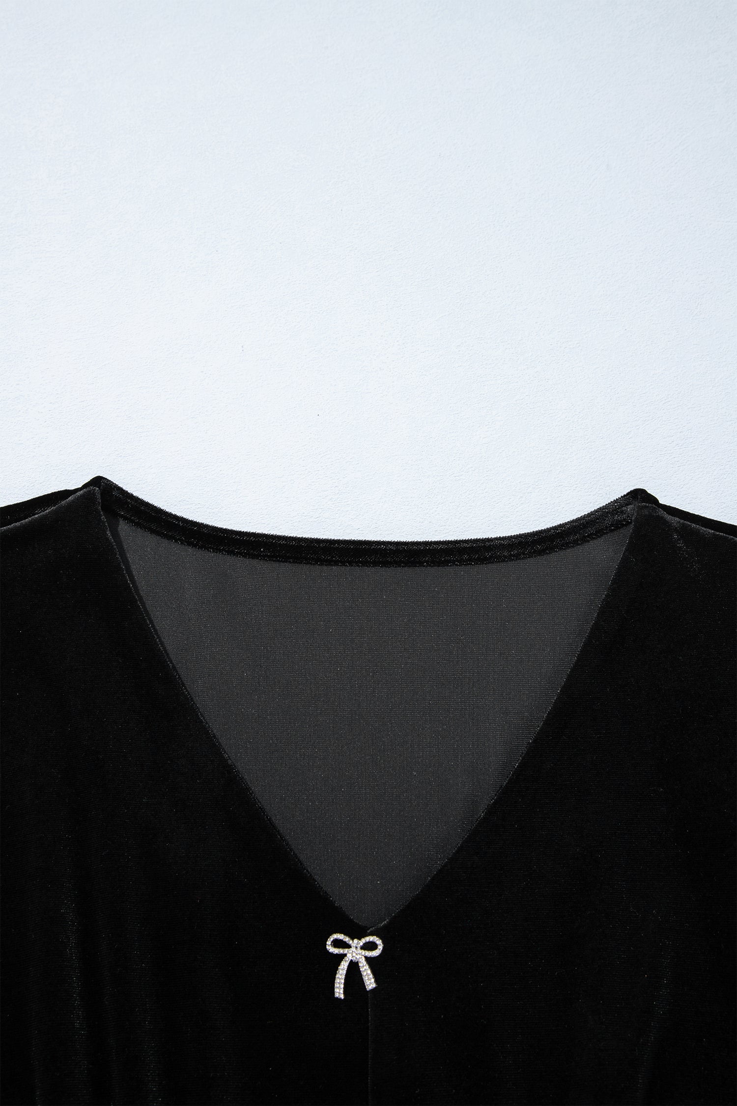 Black V Neck Bow Decoration Peplum Hem Shift Silhouette Short Sleeve Blouse