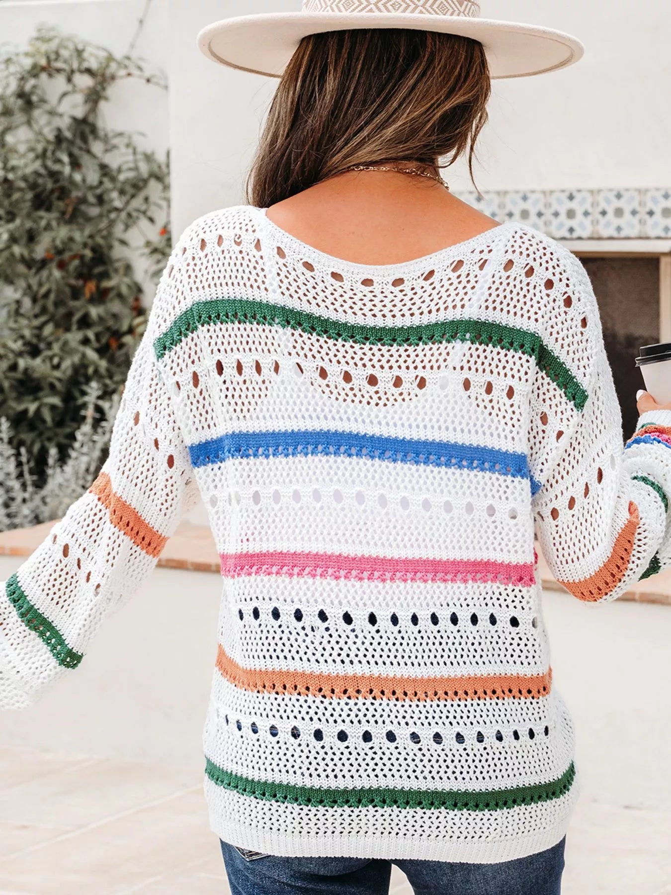 Color Block Striped Pointelle Knit Sweater