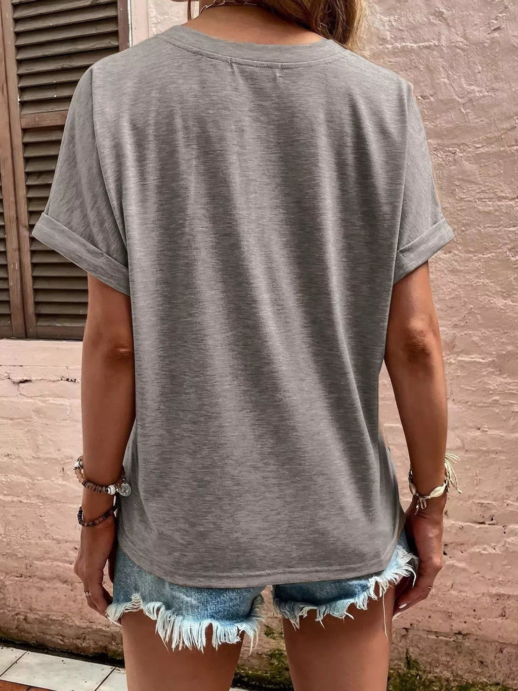 Full Size Notched T-Shirt with Rolled Sleeves Plus Size