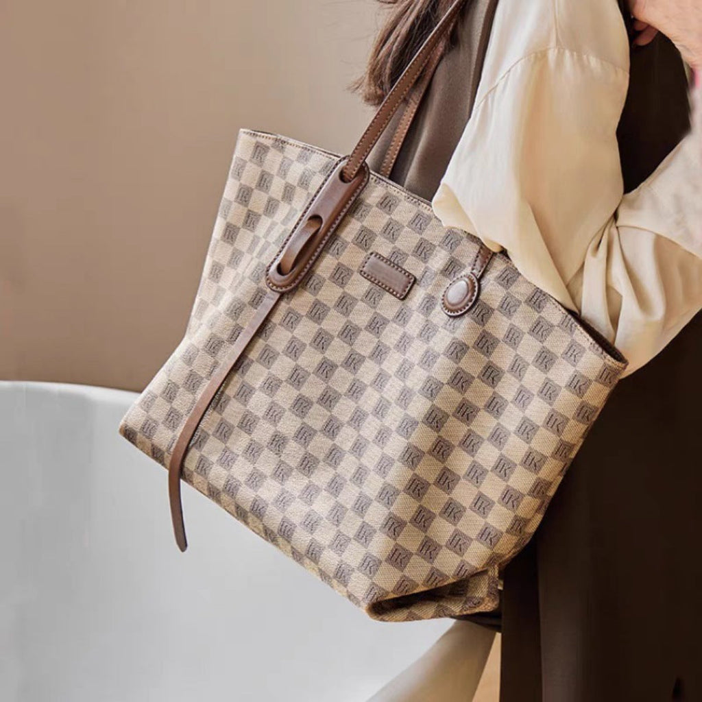 Checkered Pattern Leather Tote Bag