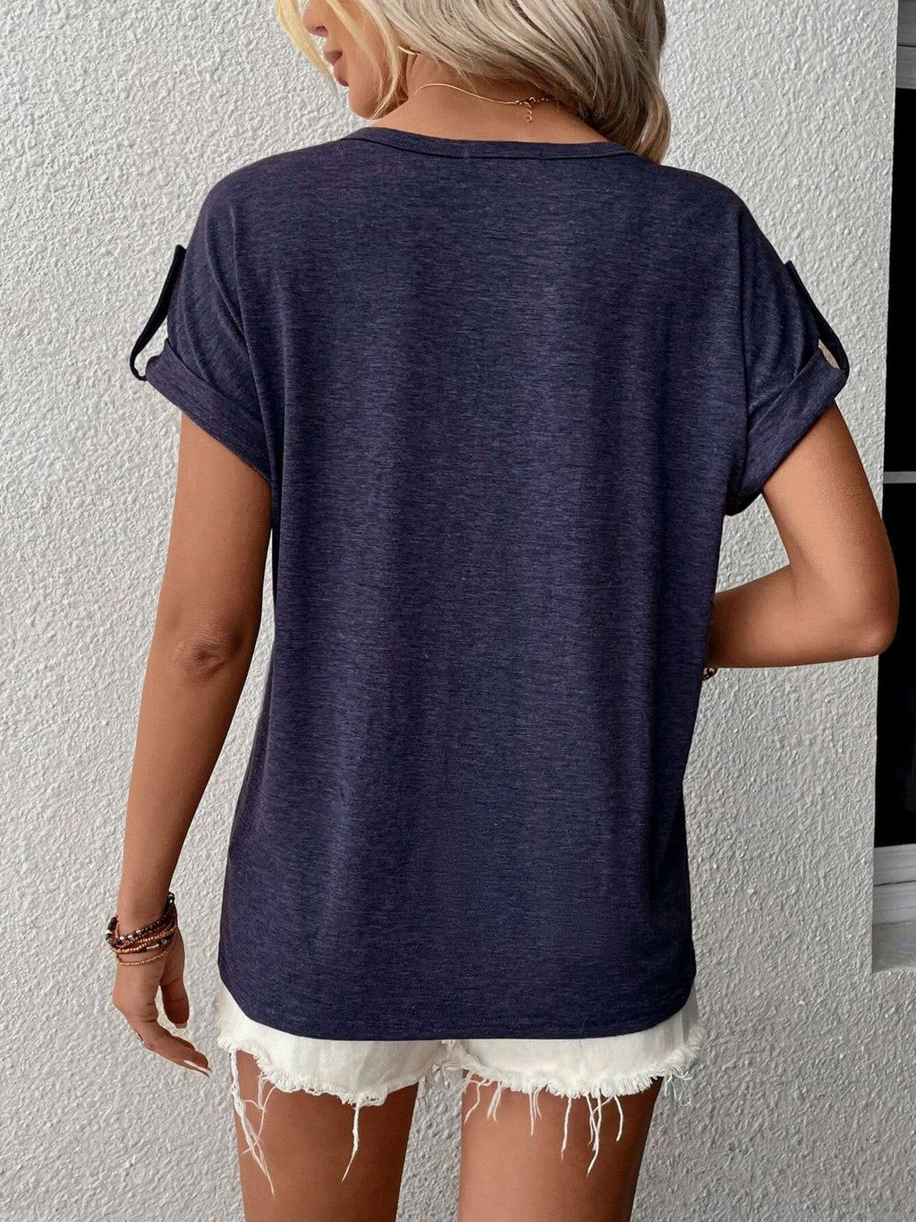 Full Size Casual V-Neck Henley Top with Rolled Sleeves Plus Size
