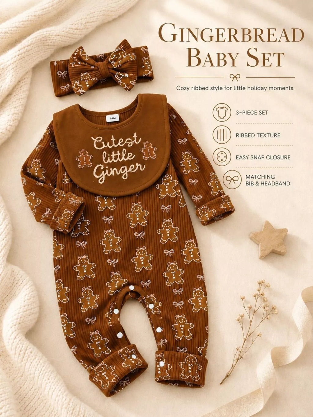 Children's Gingerbread Print Jumpsuit with Headband