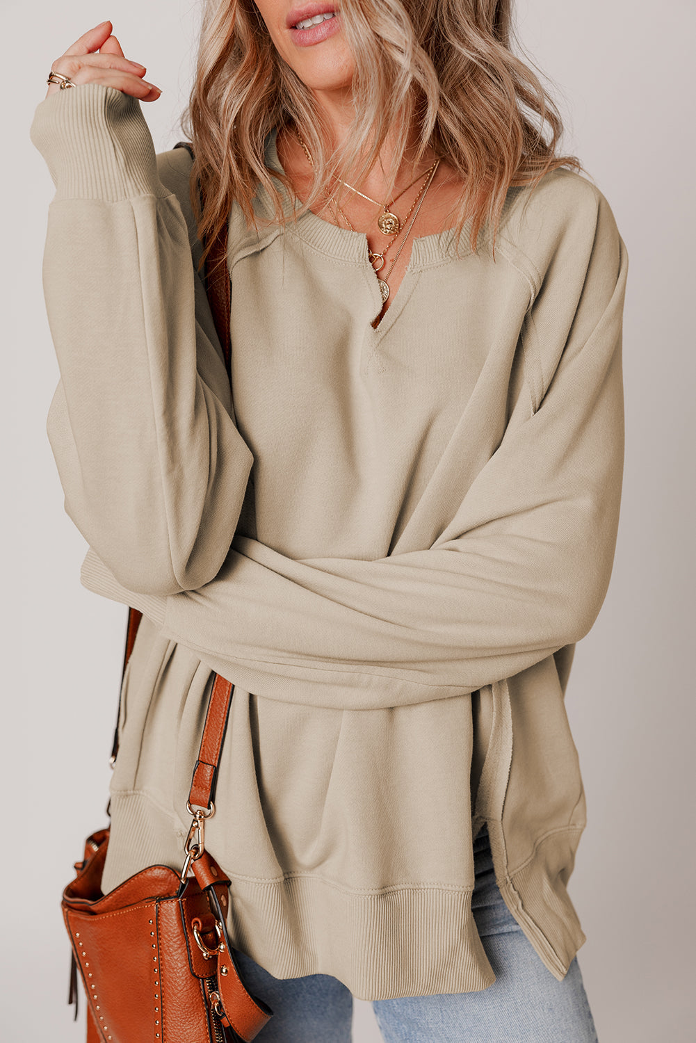 Solid Raw Edge Raglan Sleeve Side Slit Sweatshirt