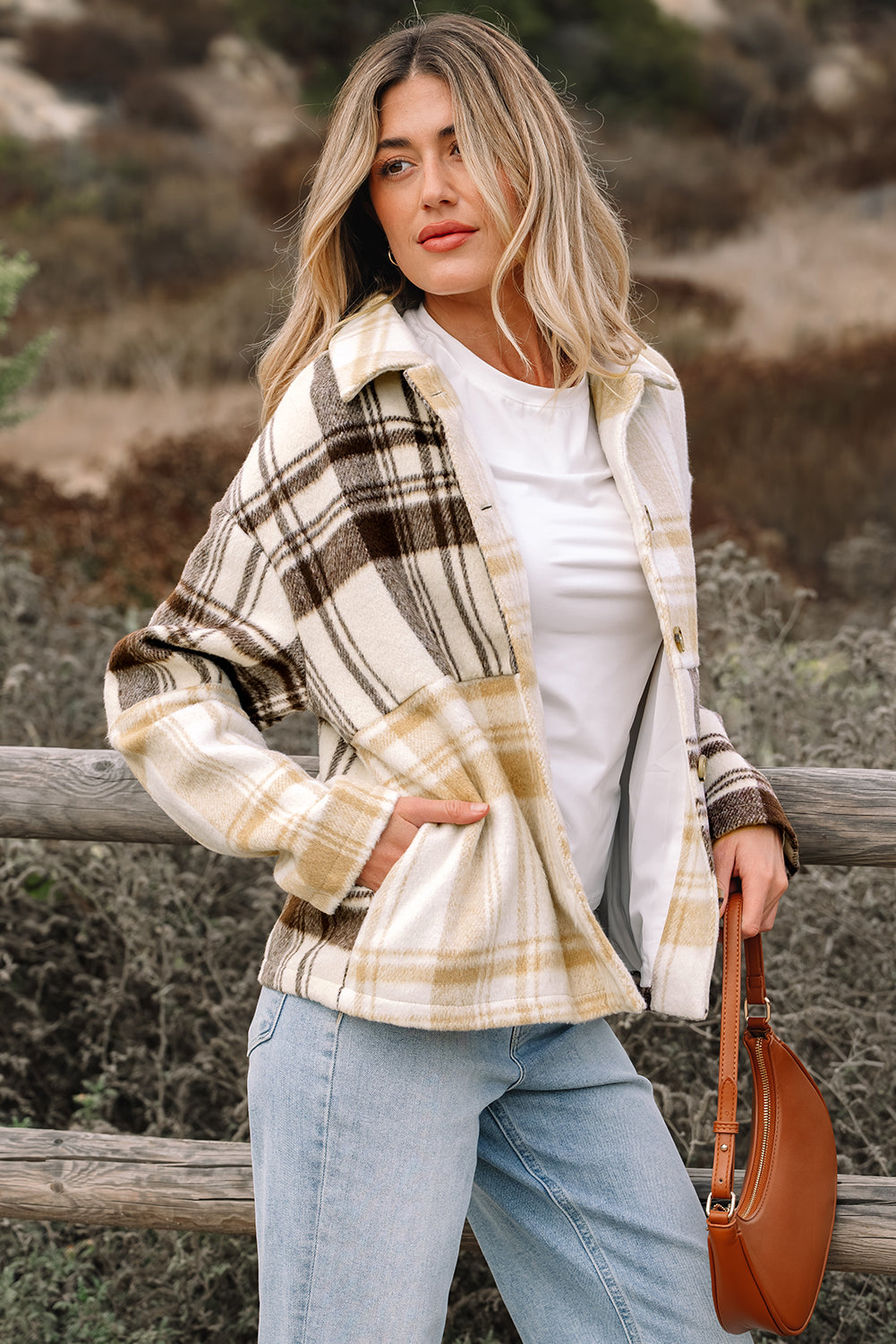Plaid Patchwork Side Pocket Button-Up Shacket